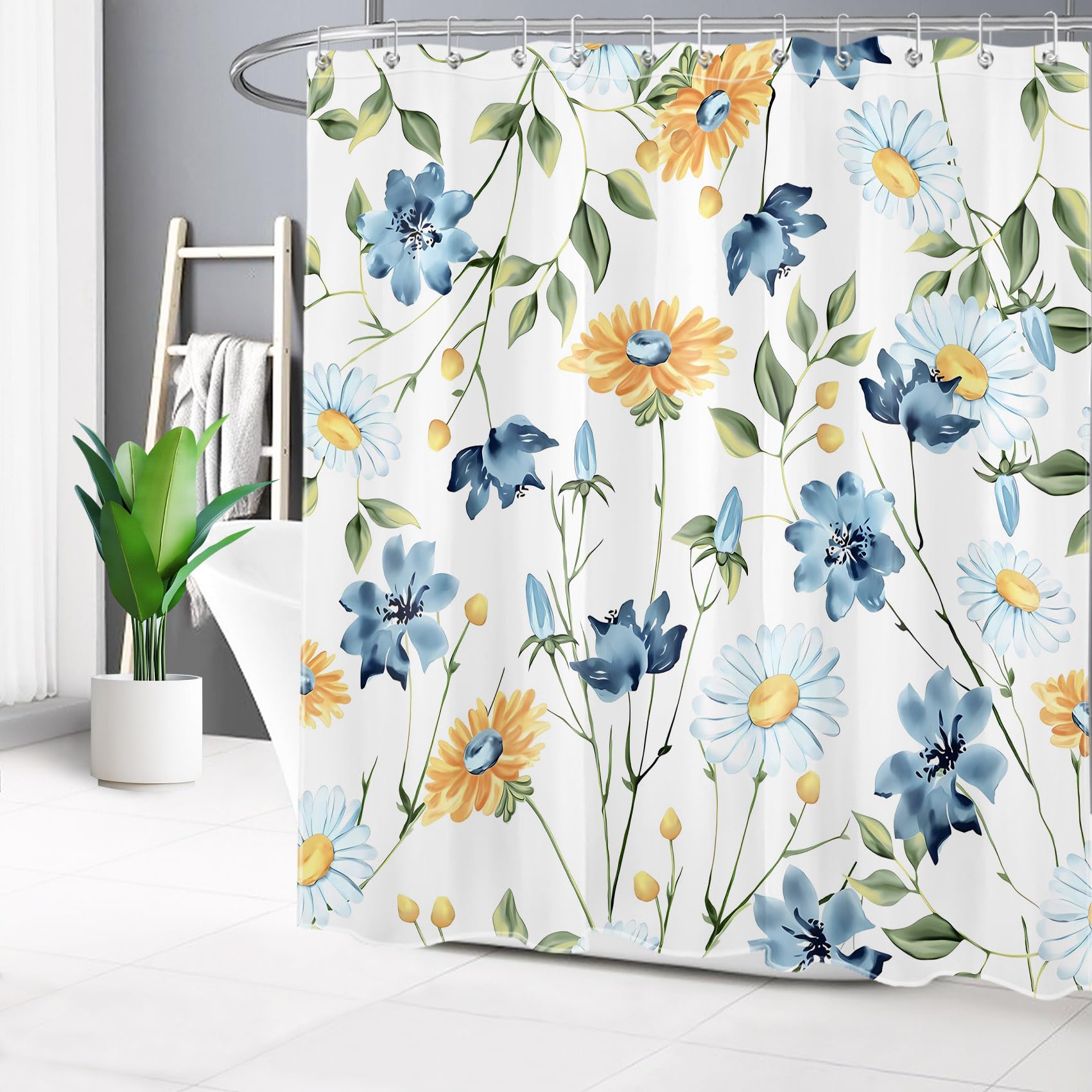 LB Girasole giallo Tenda Doccia 120x175cm Floreale Blu e Bianco Tende da Bagno con Ganci, Pianta verde nera Extra Corto Impermeabile Antimuffa Poliestere Casa Decorazione