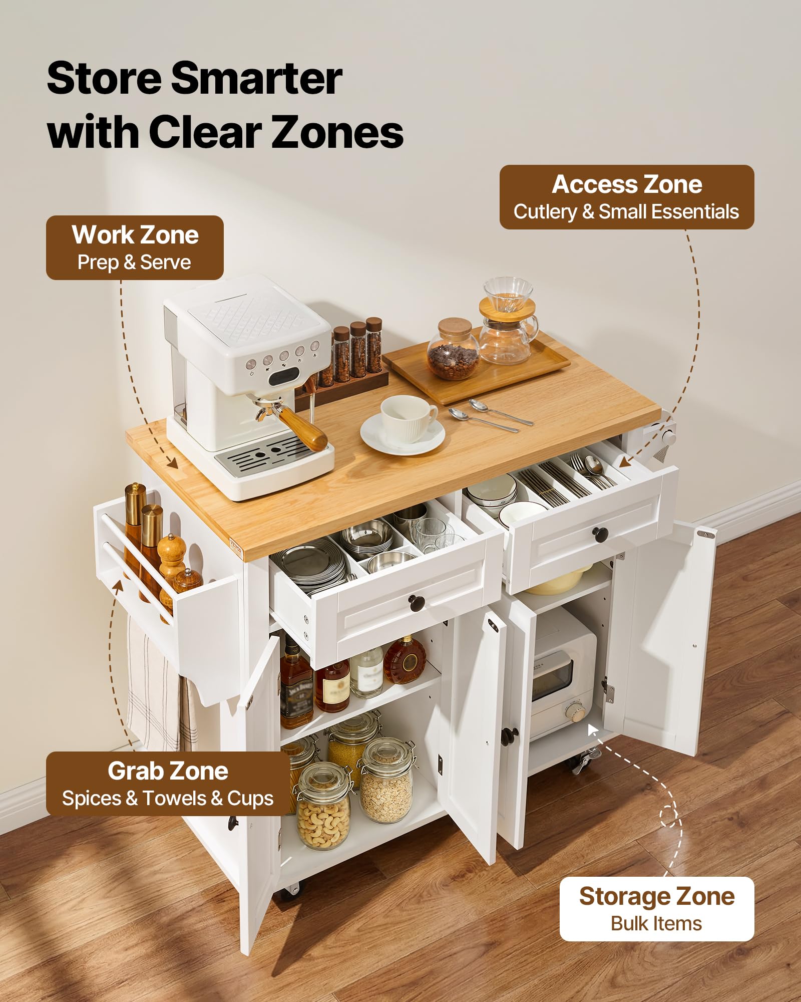 VEVOR Îlot Central 90x45 cm Desserte de Cuisine à roulettes 2 Armoires 2 Tiroirs Meuble de Cuisine avec Plan de Travail en Bois Massif Porte-Épices Porte-Serviettes Buffet de Rangement Bar Cuisine