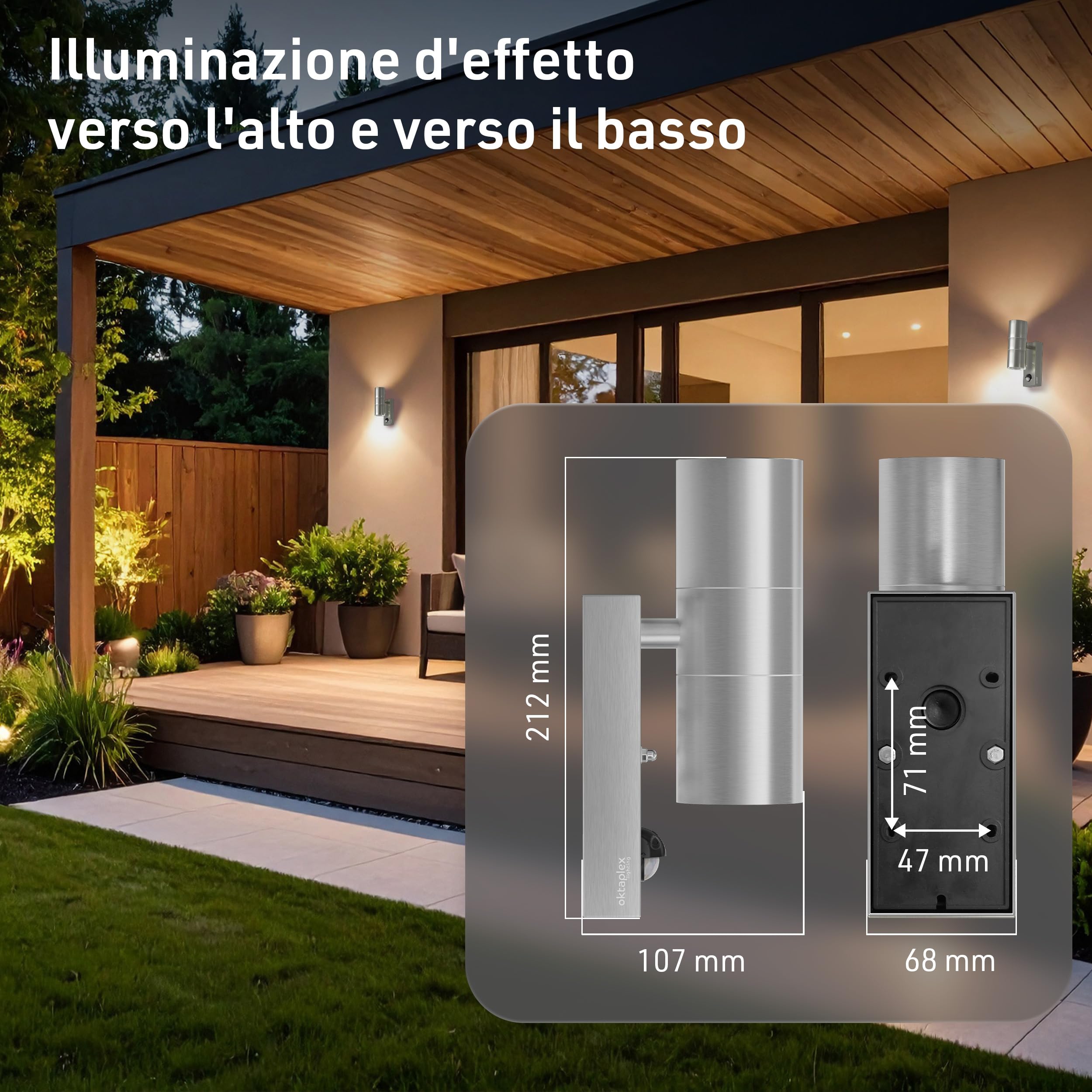 Oktaplex Applique Da Esterno LED Con Sensore Di Movimento Chile, 2xGU10 2,5W 450lm 2700K, Acciaio Inox Antracite, IP44