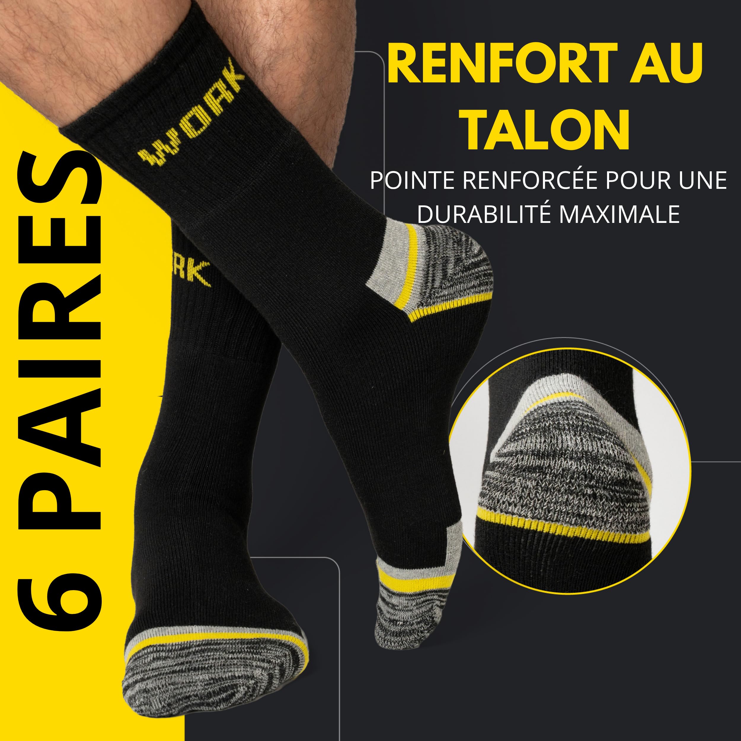 6 Paires de Chaussettes de Travail homme Hiver – 95% Coton, Intérieur Bouclette, Chaussettes Travail Femme Talon et Pointe Renforcés, Idéales pour Chaussures de Sécurité, Chaussettes Thermiques.
