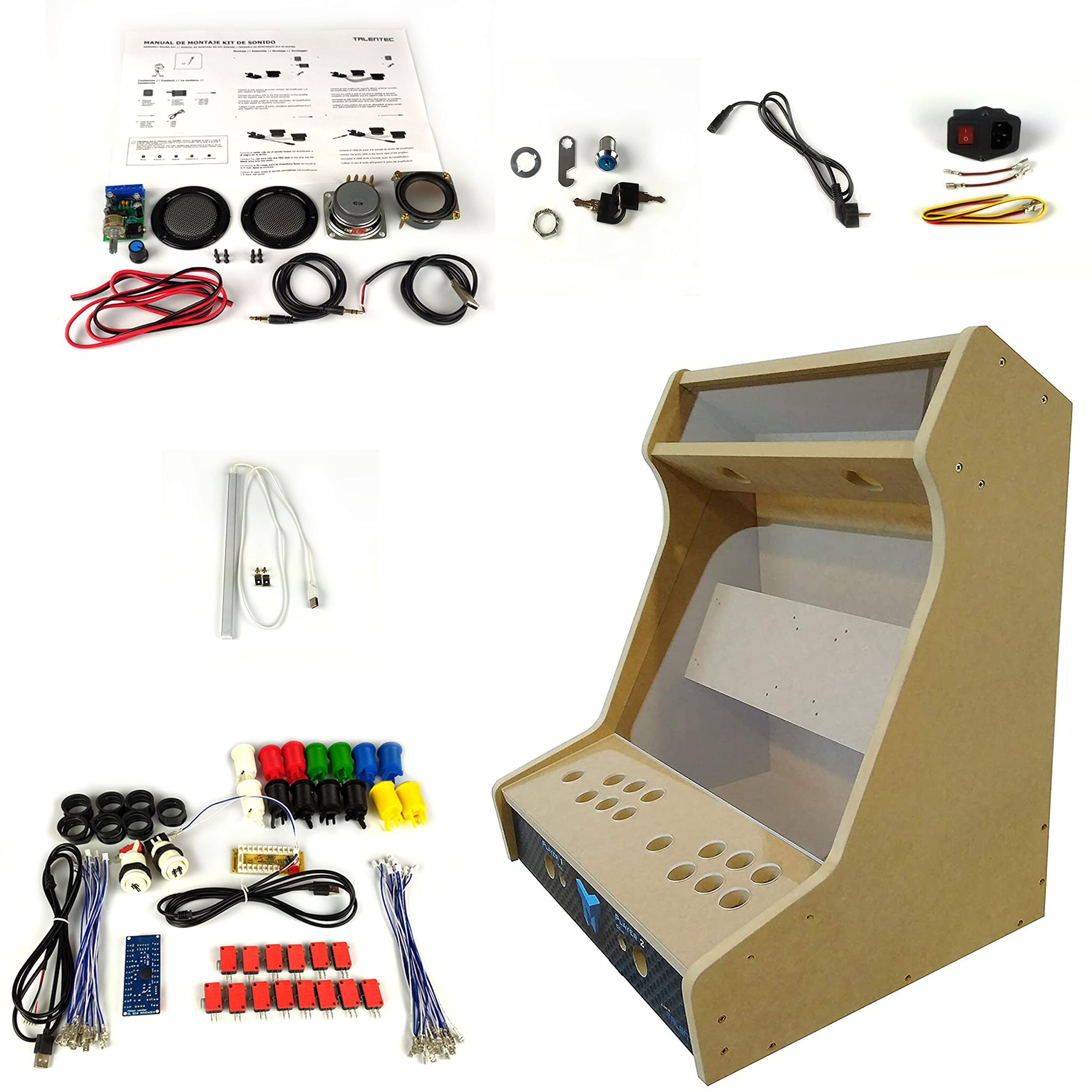 TALENTEC Kit DIY para máquina recreativa de sobremesa de 19” en Madera DM + metacrilato acrílico + componentes. Botones de 28mm y Joystick de Tipo español