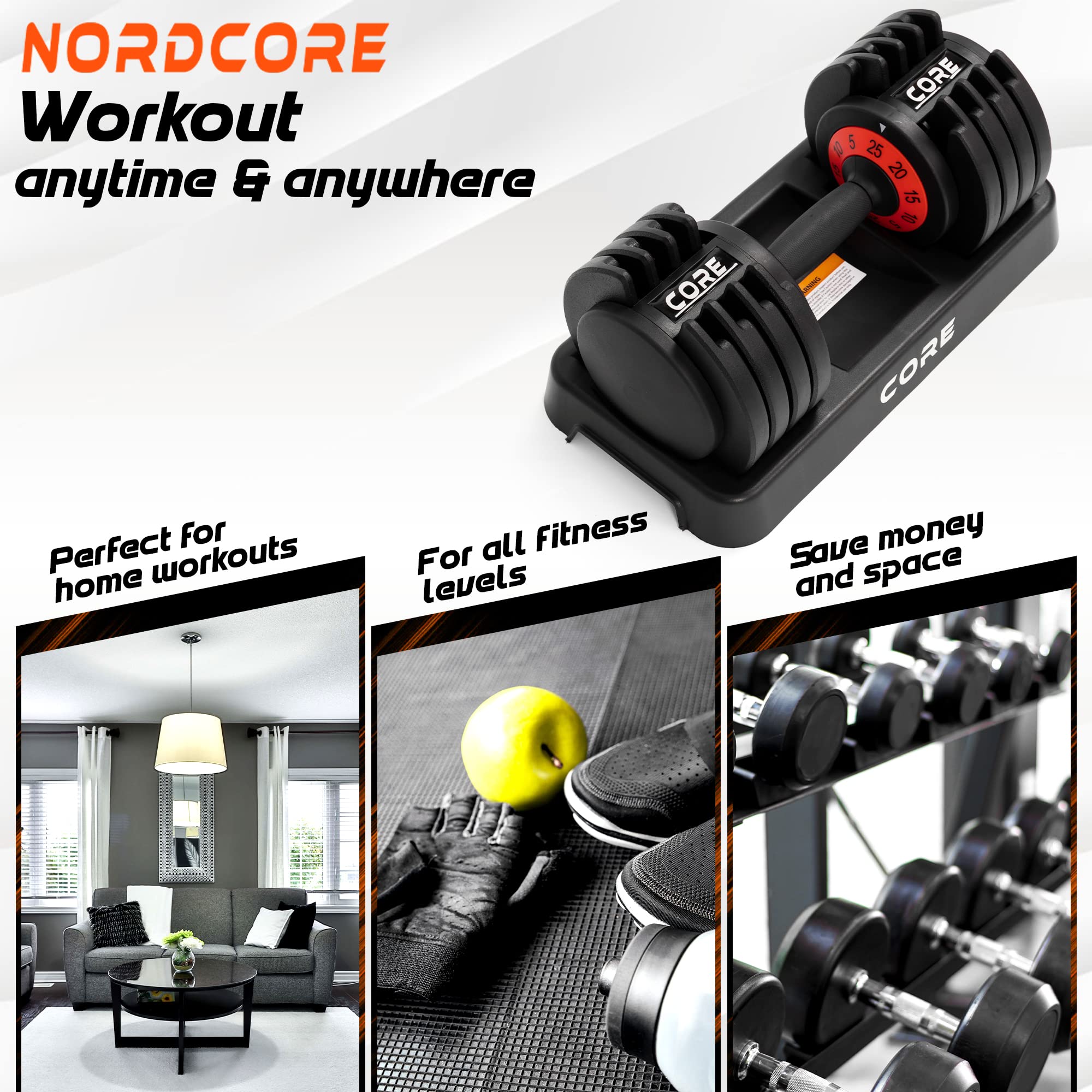 Nordcore Verstellbare Hantel - 5 verschiedene Einstellungen zwischen 5-25kg - Für Männer und Frauen Heimgewichtheben und Krafttraining - Platzsparende Verstellbare Hantel