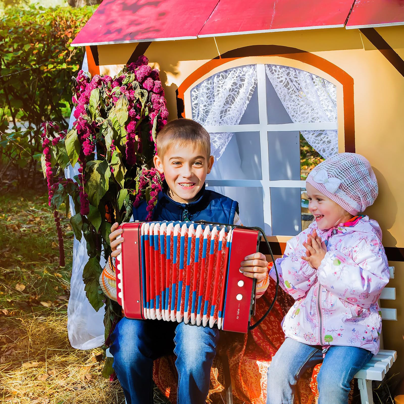 Accordéon pour Enfant, Accordeon Enfant à 10 Touches avec Sangles, Instrument de Musique Accordéon pour Débutants, Accordéon Enfant de 3 Ans et Plus, Rouge