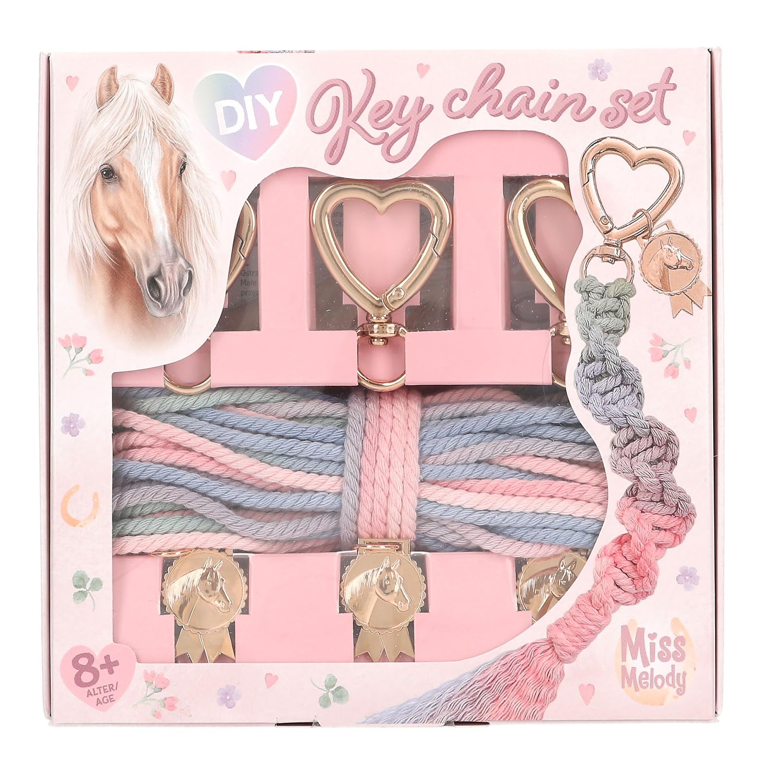 Depesche Miss Melody 13184 DIY Key Ring Set in Pink with 3 Golden Pendants, Carabiner and 10 m Cotton Ribbon with Colour Gradient