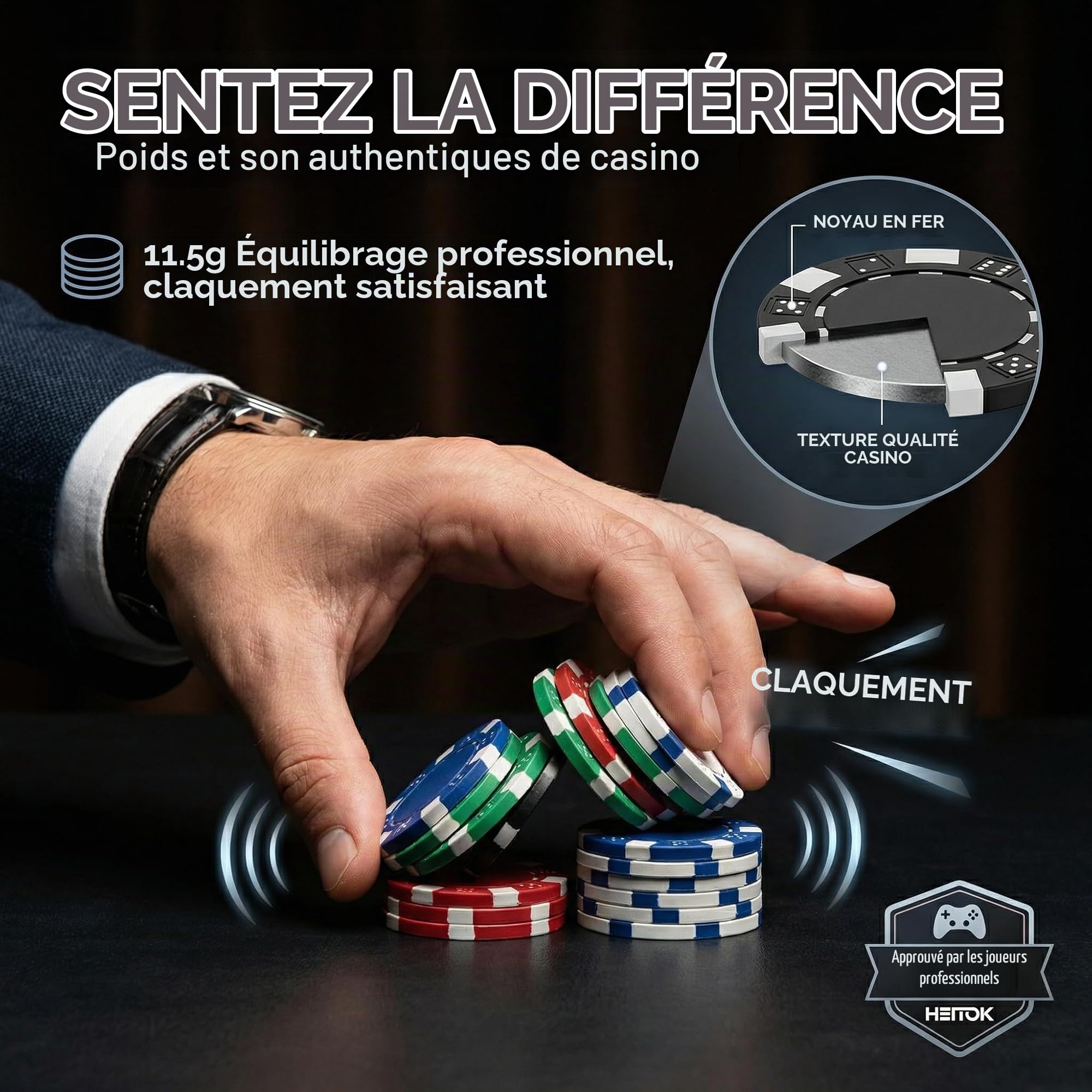 HEITOK Mallette de Poker 300 Jetons Sans Valeur 11.5g Texas Holdem au Casino