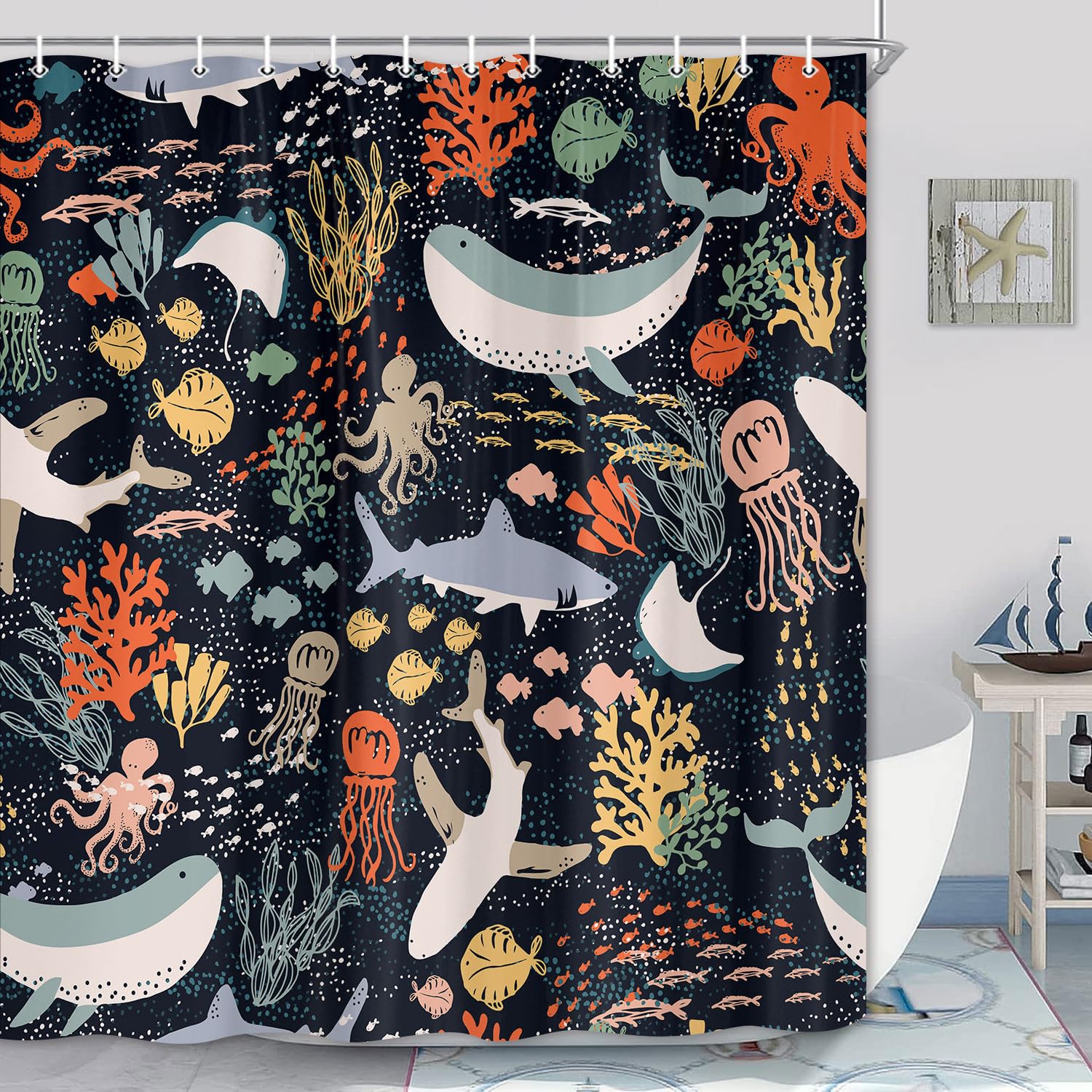 shark shower curtain black boho ocean fish shower curtain abstract underwater animal cartoon bathroom curtain with colorful fabric shower curtains for kids bathtub decor 69 x 70 inch
