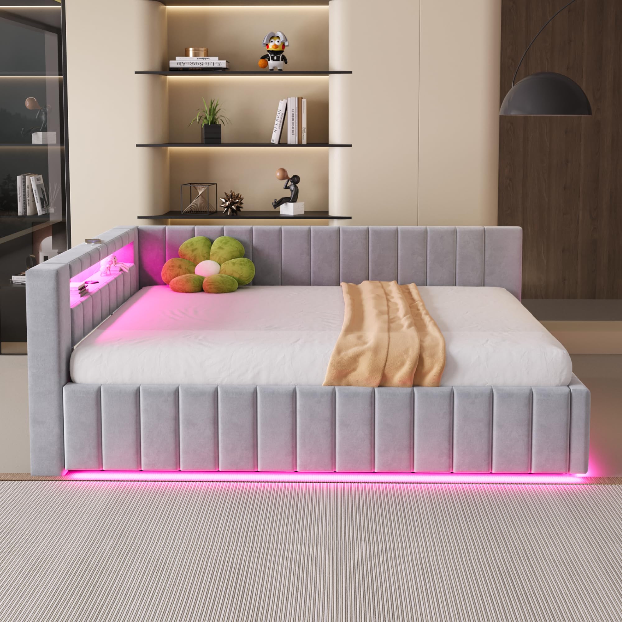 Polsterbett Schlafsofa 140x200, Doppelbett mit Hydraulischem Stauraum, mit LED-Licht und USB-Ladefunktion, Tagesbett Jugendbett mit Lattenrost, Samtstoff, ohne Matratze, Hellgrau