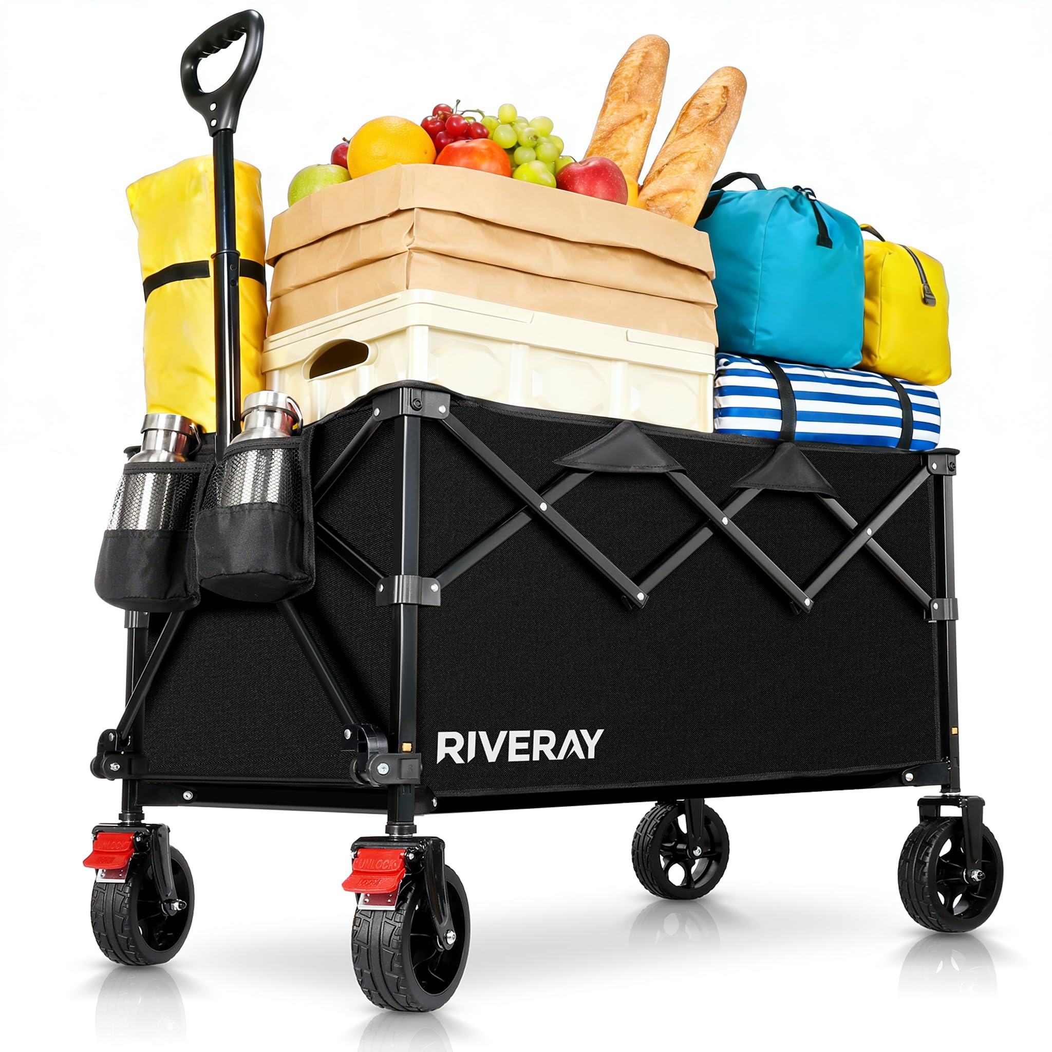 Carrello Pieghevole 300L, 230kg, Ruote Frenate | Maniglia a Rimbalzo, 2 Portabevande, per Spiaggia, Campeggio e Giardino