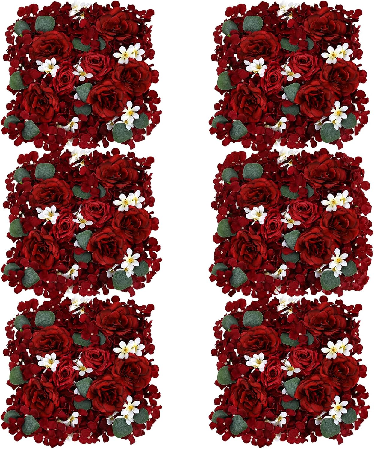 Pack of 6 Artificial Silk Flower Panels, Faux Floral Wall Background for Wedding Party Engagement Bridal Shower Arrangement Home Decorations - Burgundy Burgundy 6 X Artificial Flower Panels