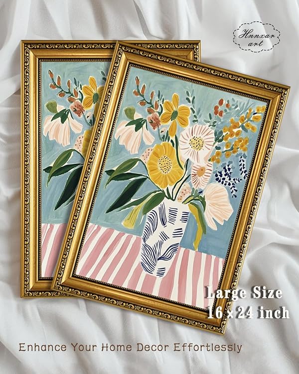 HNNXAR Gold Framed Wall Art Modern Flower Wall Decor Colorful Botanical Canvas Art Floral Vase Paintings Pastel Bouquet Pictures Abstract Prints Still Life Artwork for Bedroom Living Room by HNNXAR - Used condition - Image 9
