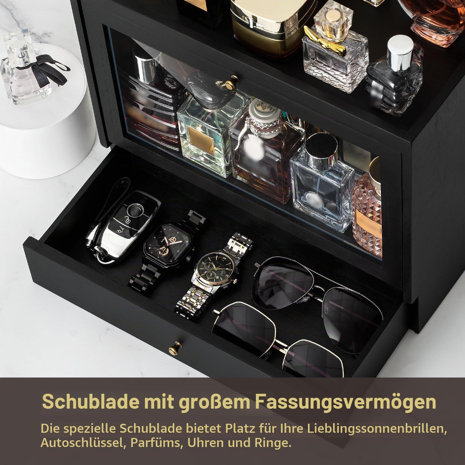 Parfüm Organizer für Männer & Frauen, Parfum Aufbewahrung aus Holz mit Schublade, Große Kapazität & Staubdicht Parfum Organizer für Kosmetik & Düfte auf dem Schminktisch (Schwarz)
