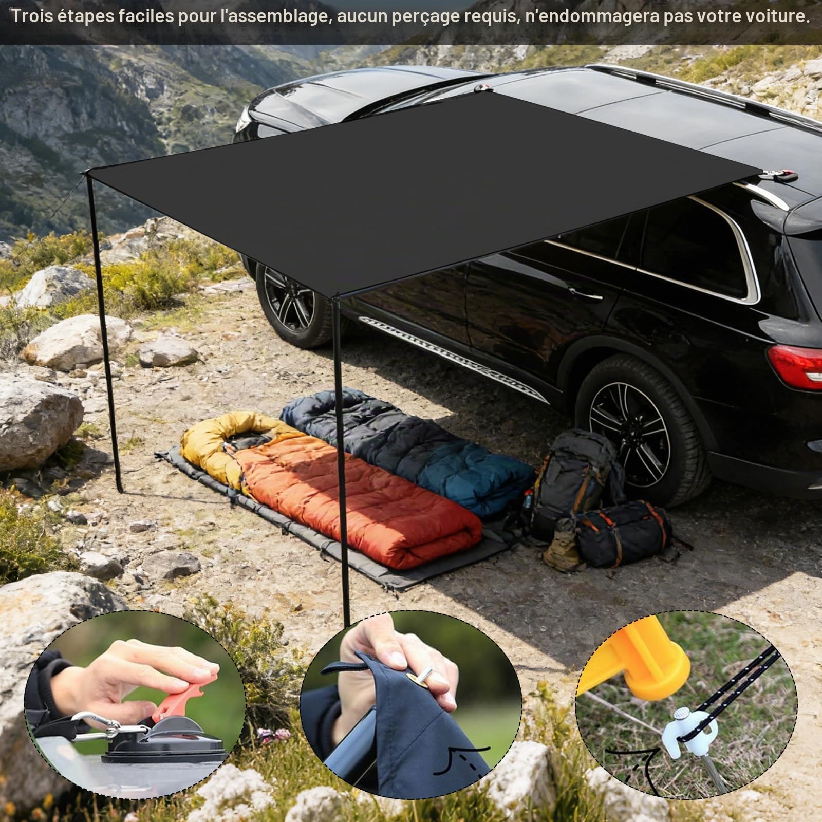 Kit de Auvent Voiture Rétractable, 200x300cm, avec 2 Poteaux, 8 Câbles de Haubanage, 8 Sardines, 2 Ventouses, Sac de Rangement et Sac de Transport, UPF50+, PU3000+, pour Aventures (Noir)