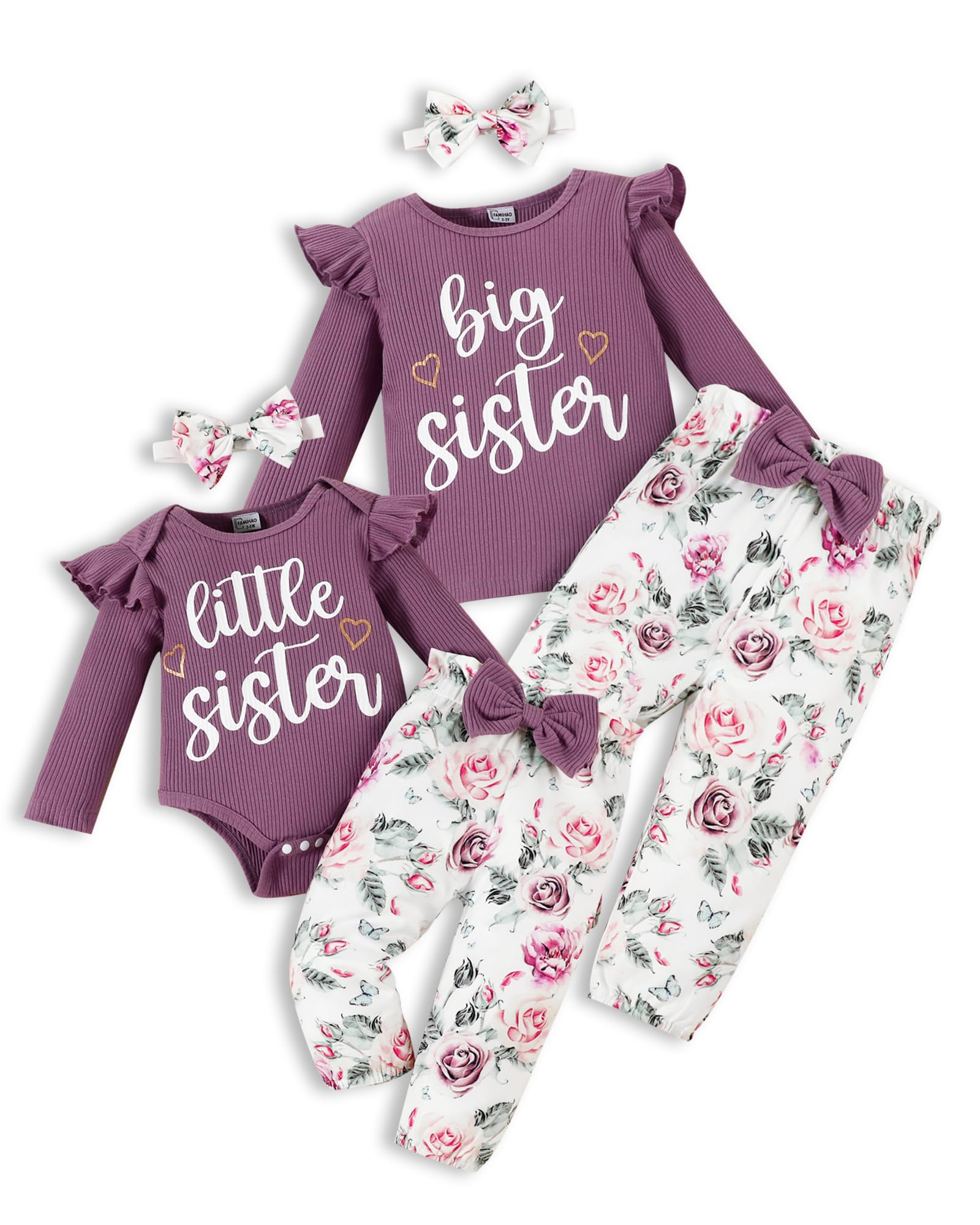 FAMIHAO Big Sister Little Sister Matching Outfits Rib Knit Romper/Shirt Floral Pants Toddler Baby Girl Clothes Sets