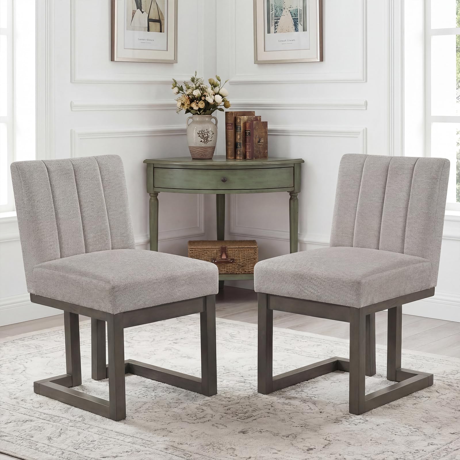 Condition photo showing Good Condition for (2)wooden dining chairs set of 2,upholstered kitchen chairs with padded seat and rubber wood legs, farmhouse dining room side chairs for home, restaurant and coffee shop (grey)
