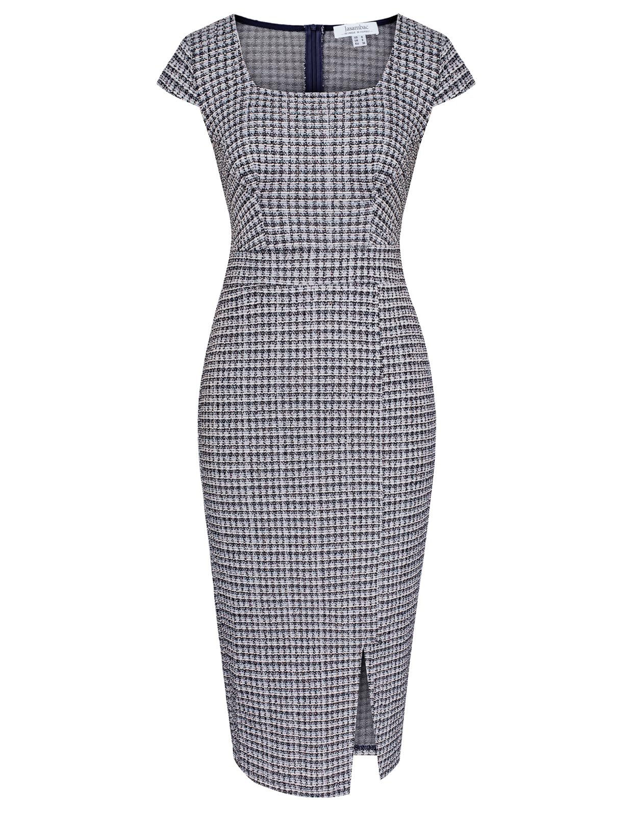 JASAMBAC Womens Vintage Midi Work Pencil Dress Tweed Cap Sleeve Sheath Dress Square Neck Wedding Guest Dresses Women