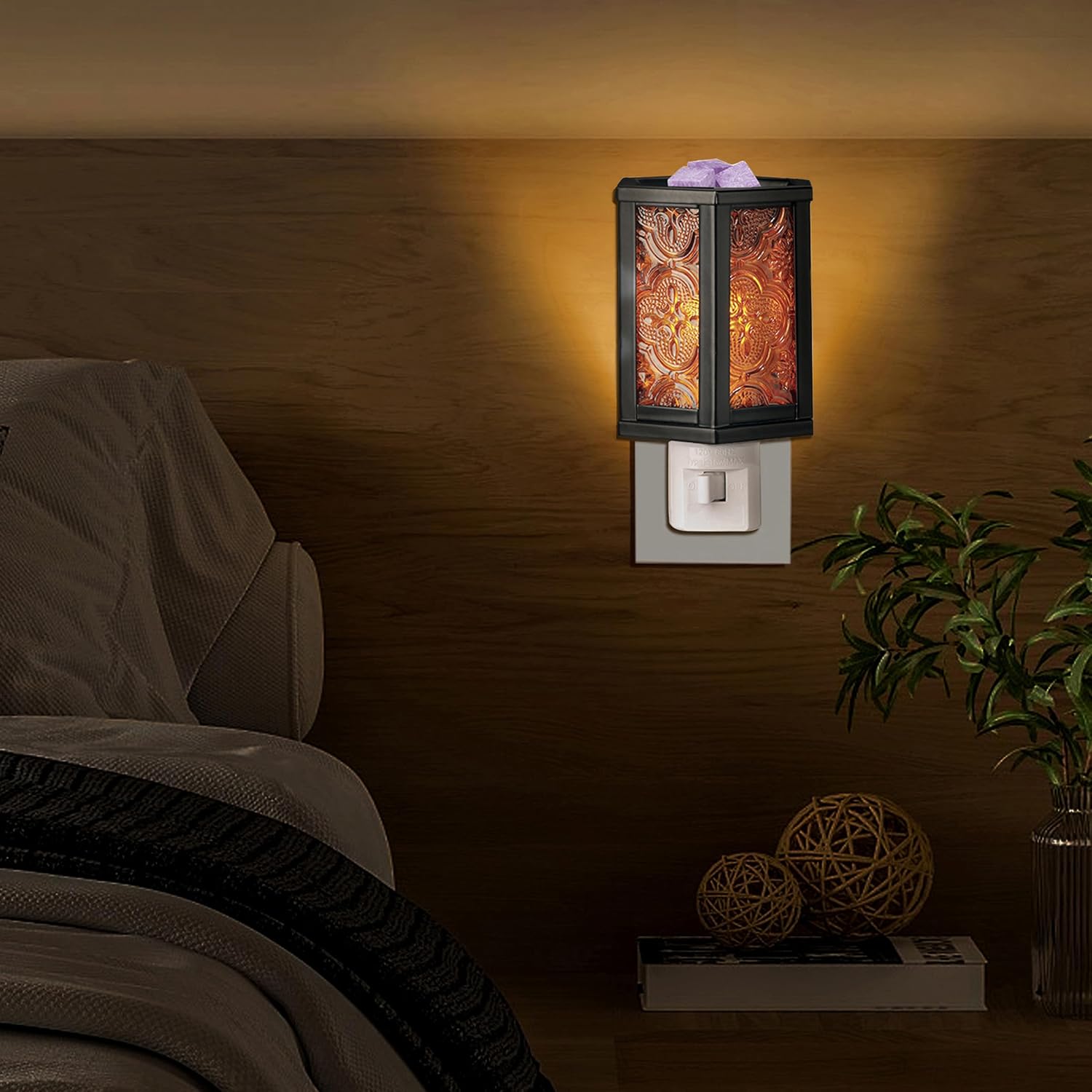 Wall Plug-in Moroccan Electric Wax Melt Warmer Decorative Candle Warmer for Scented Candle, Wax Melts, Tarts and Fragrance Oils, Night Light Decor., Hexagonal, Amber Glass