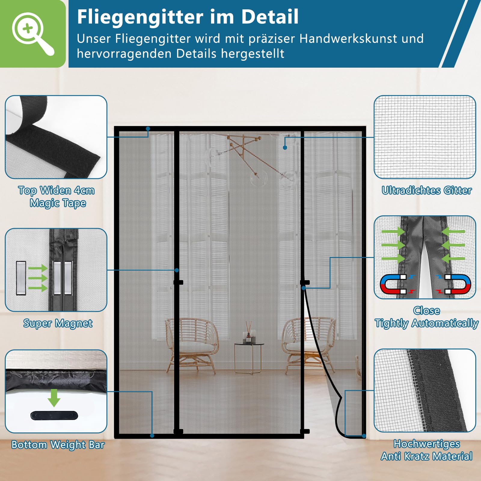 HooTown Magnet Fliegengitter Tür,190 x 212cm Fliegengitter Doppeltür | Automatisches,Ohne Bohren,4cm Klettband Oben,Fliegenvorhang für Fenster, Balkontür, Kellertür und Terrassentür