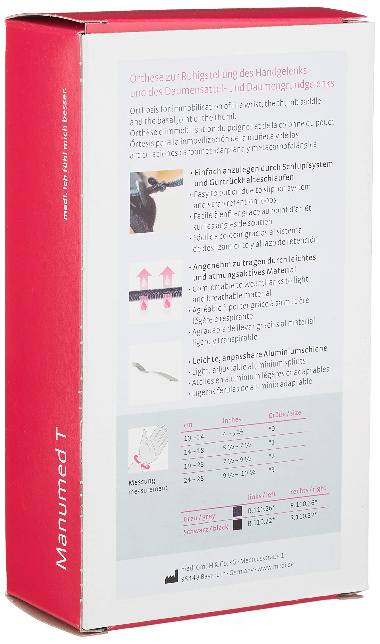 medi Manumed T opaska na nadgarstek w kształcie litery T, rozmiar 0, prawa, szara, podpórka pod nadgarstek