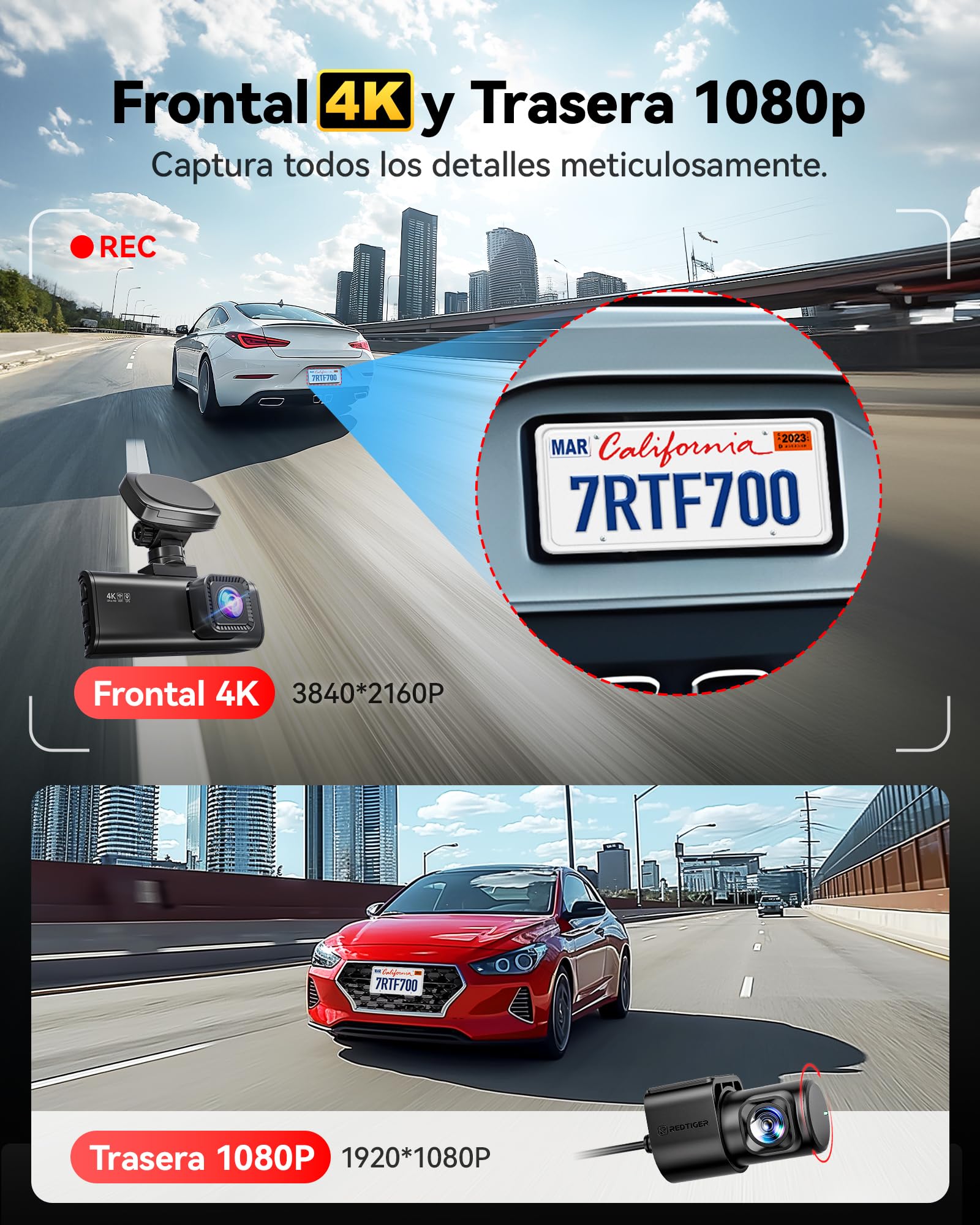 REDTIGER 4K Dash CAM Coche, Sensor STARVIS 2 con Tarjeta de 64GB, 4K/2.5K+1080P Dashcam Dual con WiFi Integrado, GPS, 3.18" IPS, Gran Angular de 170°, Vigilancia de Aparcamiento 24/7