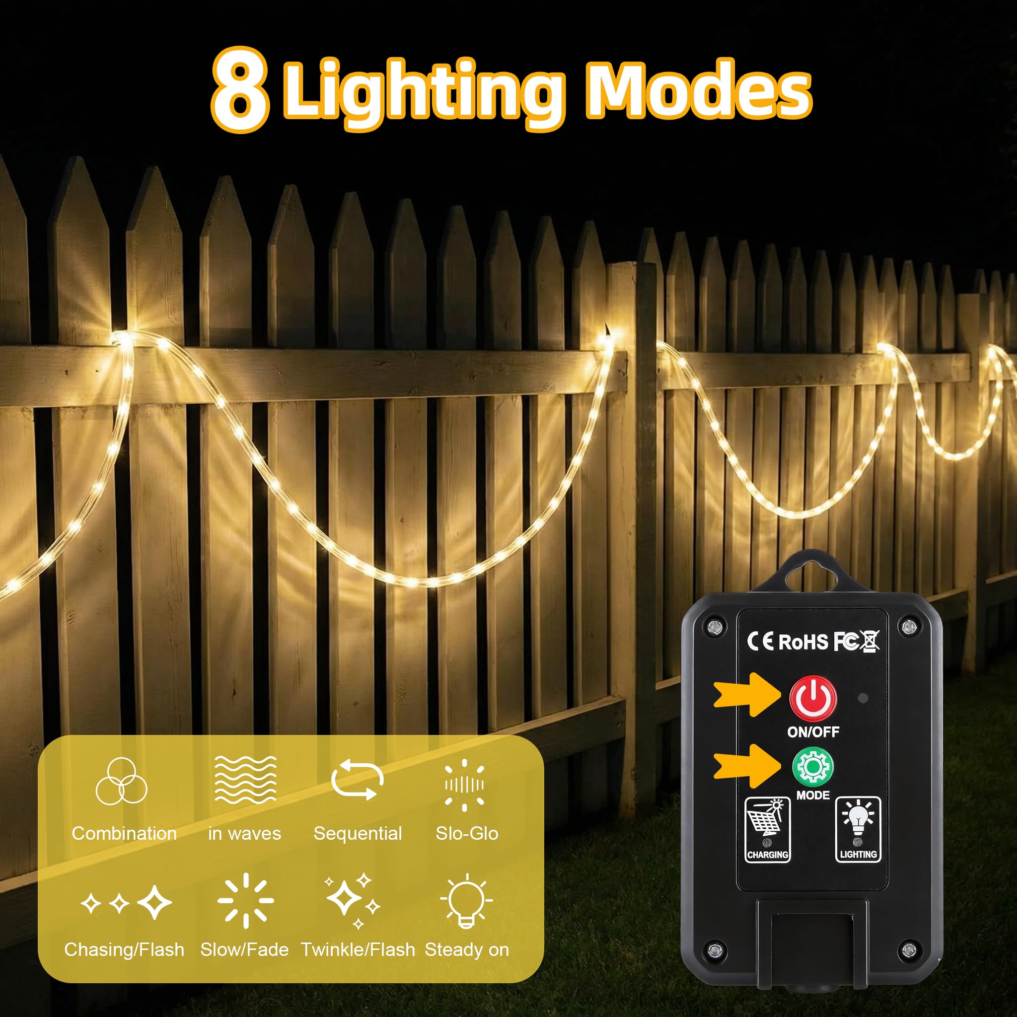 Guirnalda de luces LED solar para exterior, 10 m, 100 LED, impermeable IP45, 8 modos, luz blanca cálida ajustable, tubo LED para jardín, fiesta, decoración navideña