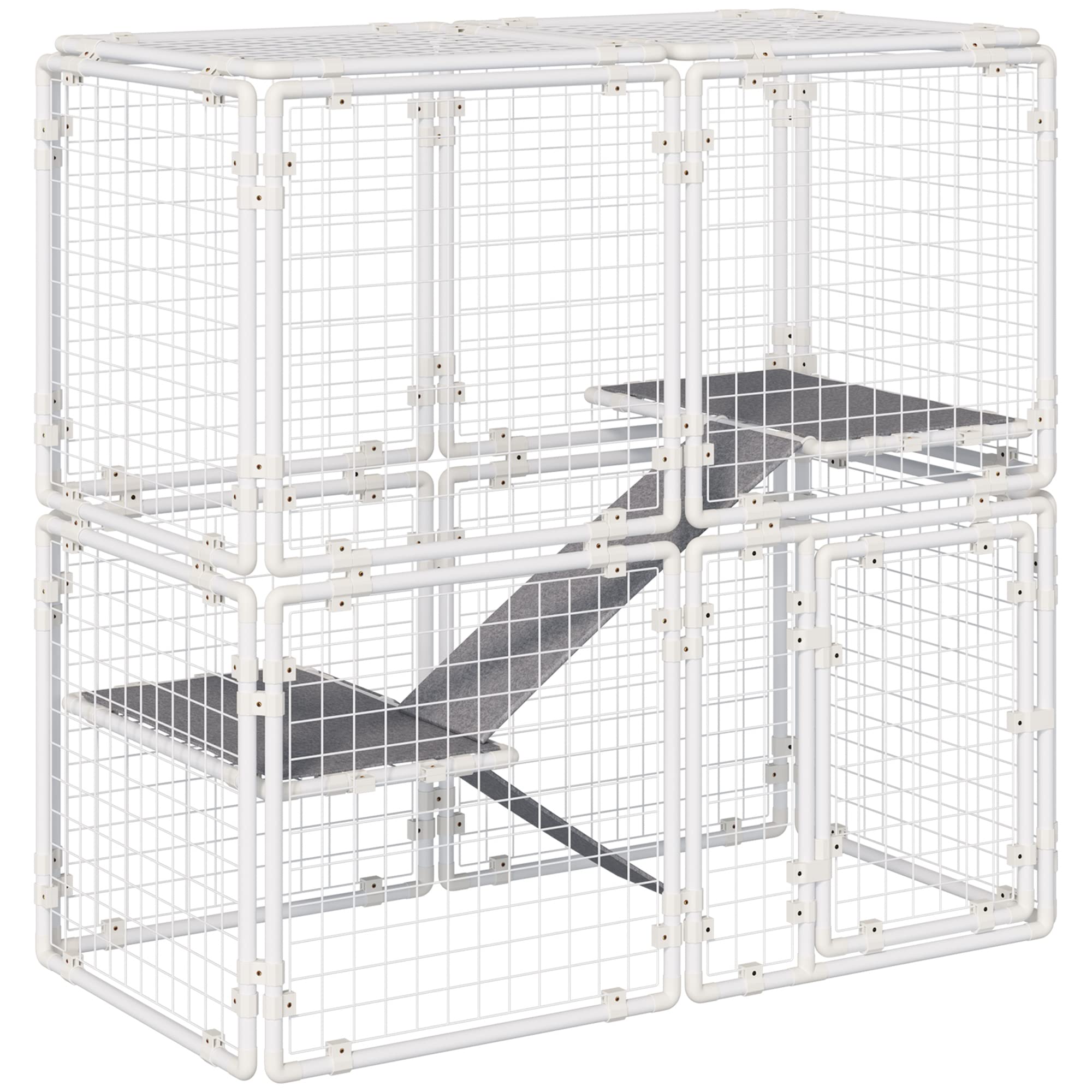 Pawhut Conejera Valla de Metal Corralito con Puerta Pestillo de 16 Paneles y Escalera para Gatos Cachorros Conejos DIY 68x68x2,5 cm Blanco