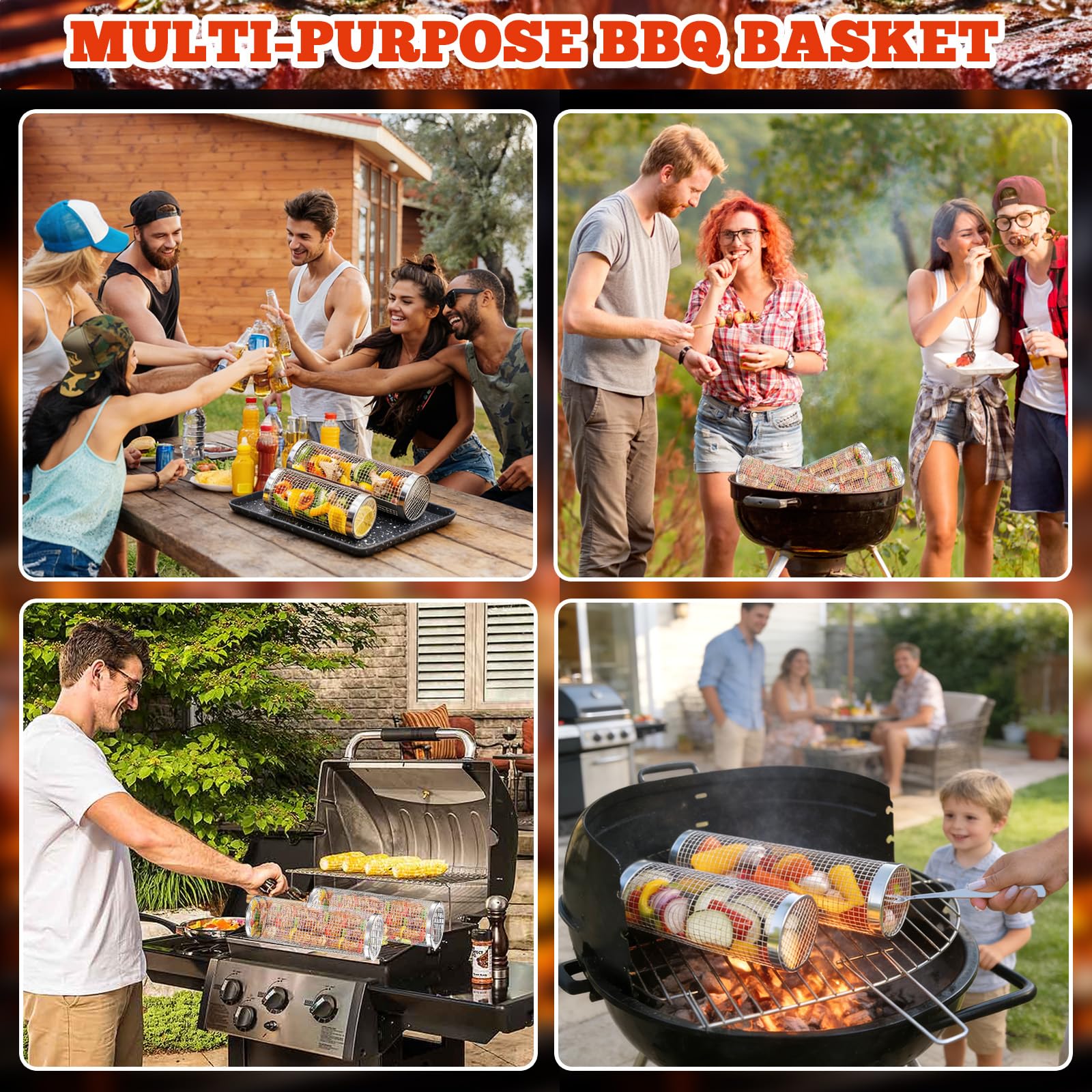 Panier à Griller Roulant 2 Pièces, Acier Inoxydable 304 avec Support & Brosse, pour Légumes, Frites, Poisson, Accessoires Grill pour Extérieur Camping Jardin, Cadeau Homme ou Papa