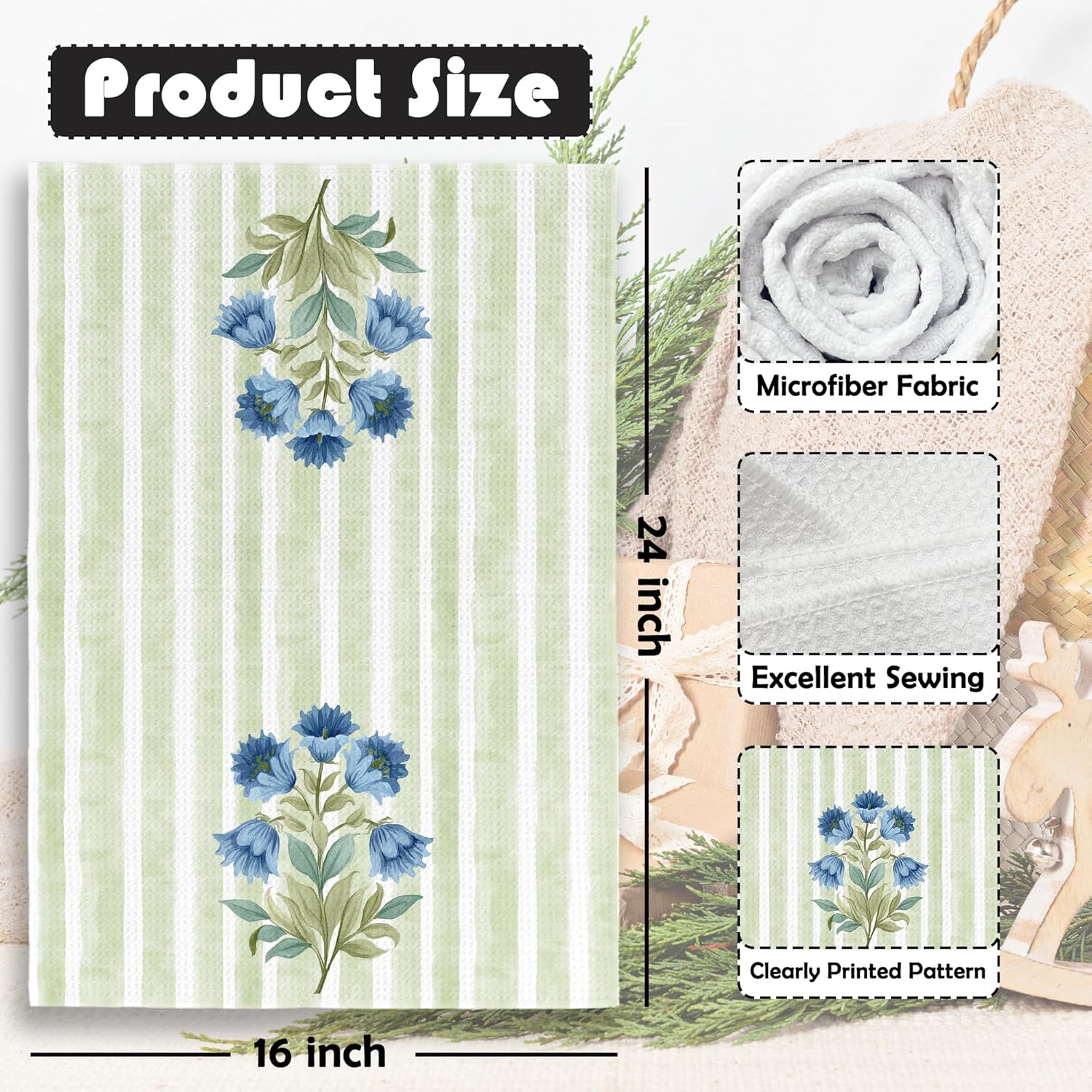 Blue Cornflower Floral Kitchen Towels - Floral Dish Towels, Sage Green Striped Flower Botanical Decorative Absorbent Dishcloths Hand Towel for Kitchen Bathroom Decor 16x24 Inches Set of 2 - Image 6