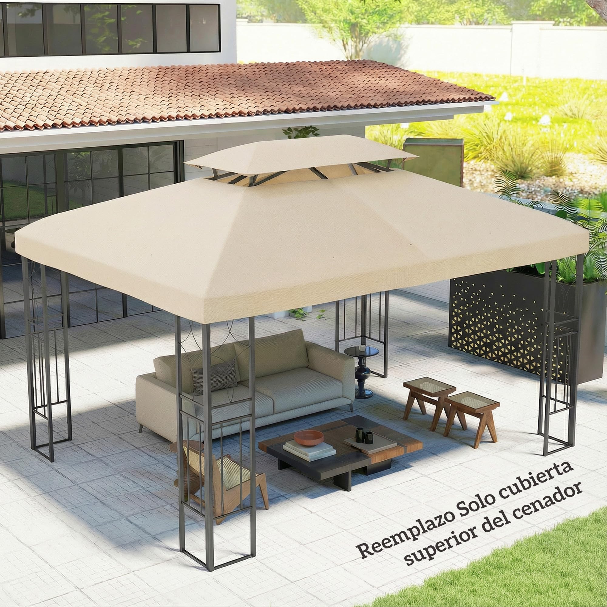 Outsunny Techo de Repuesto para Cenador, 4x3 m, Cubierta de Repuesto con Techo Doble, 10 Orificios de Drenaje y Protección UV, Solo Toldo de Recambio para Pabellón Gazebo, Blanco Crema