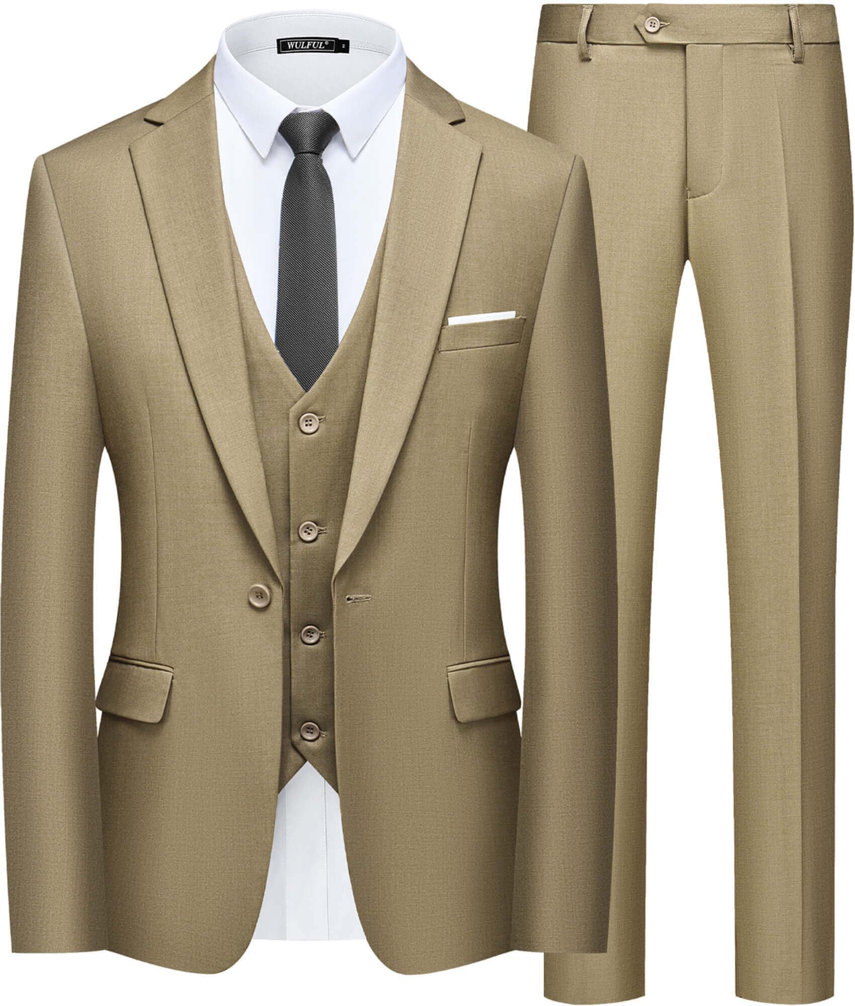 WULFUL Men’s Slim Fit Suit One Button 3-Piece Blazer Dress Business Wedding Party Jacket Vest & Pant
