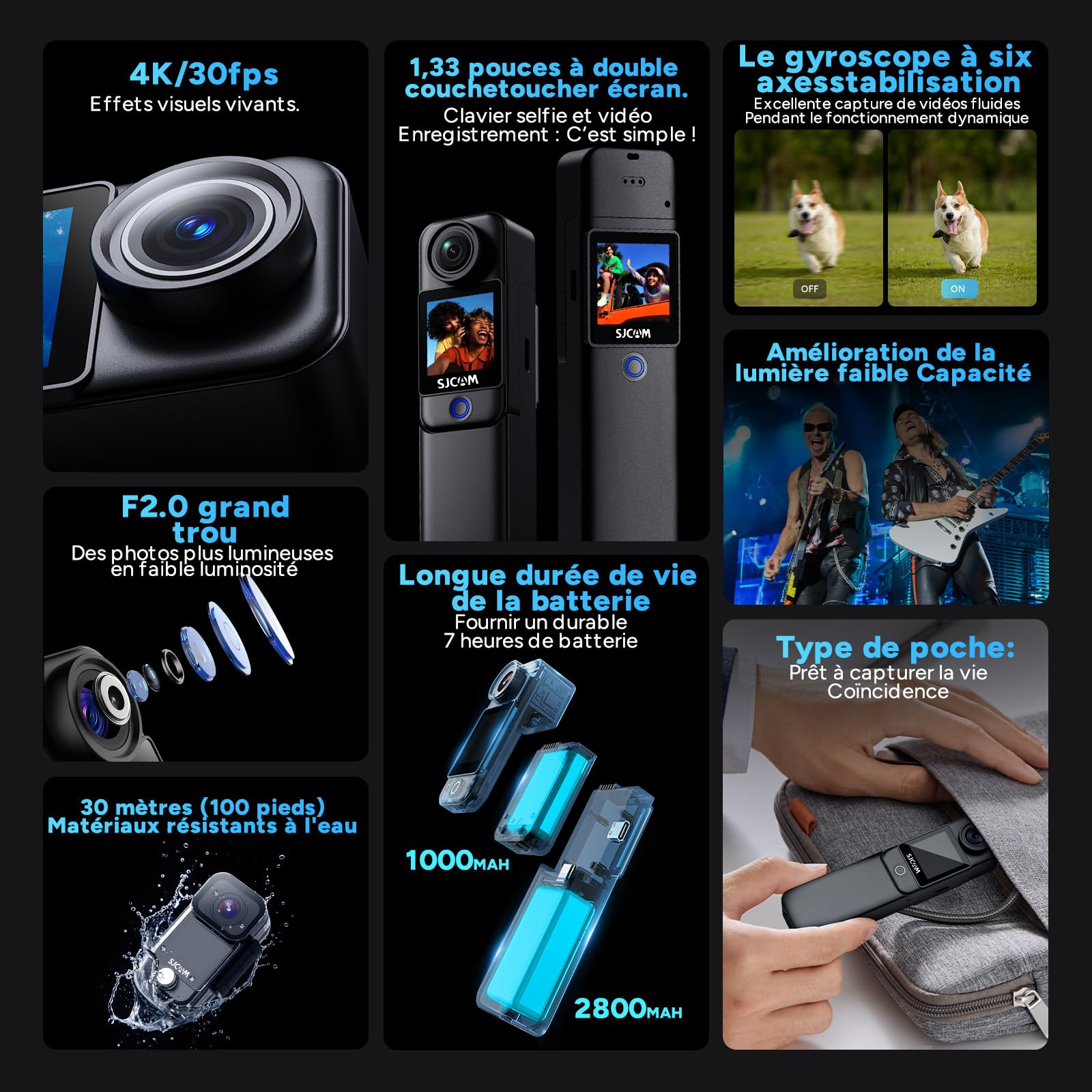 SJCAM C300 Camera Vlog 4K,460 Min d'Autonomie,Double Écran Tactile,Caméra Sport Aquatique,Stabilisation 6 Axes,Idéale pour Vlog,Voyages,Activités Extérieures,Kit avec Accessoires,Noir (64G)