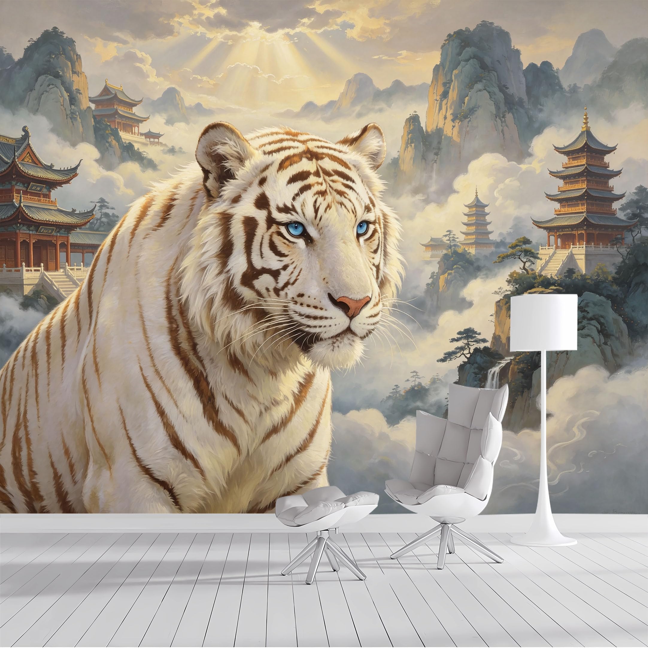 Yzpallescene Bh260711058 Custom Size Wall Mural White Tiger Pagoda Mountain Ink Art Selfadhesive Wall Fabric Removable Peel And Stick Wallpaper Wall Decor For Living Room Bedroom Bathroom