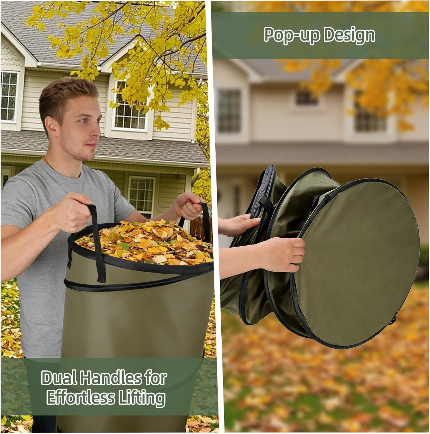 Collapsible Trash Can Camping, 30-Gallon Pop Up Outdoor Garbage Can for Collecting Weeds, Leaf, Party and Yard Waste, Green