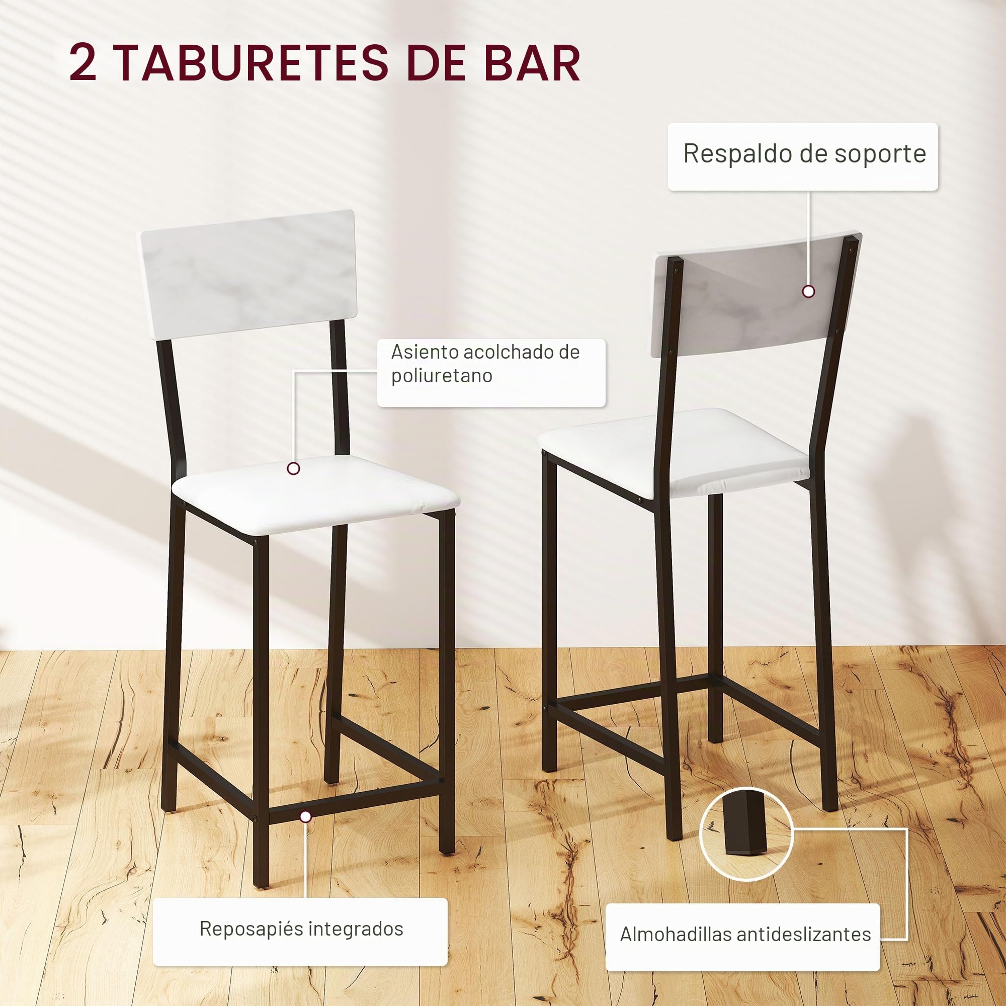 HOMCOM - Conjunto de Mesa de Bar con taburetes, Mesa de Comedor de pie con 2 sillas de Bar, Tapa Plegable, taquillas para Vino, portavasos, estantes Abiertos y reposapiés, Efecto mármol Blanco