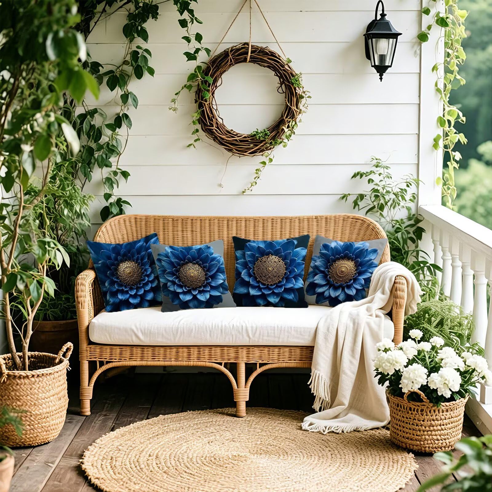 Blu Federe Cuscini Divano 65x65cm, Cuscini da Esterno Set de 4, Cod-89 | Velour Copricuscini Decorativi Letto Arredo, per Letto, Soggiorno, Giardino, Esterno, Casa Decorazione Set di 4 Pianta