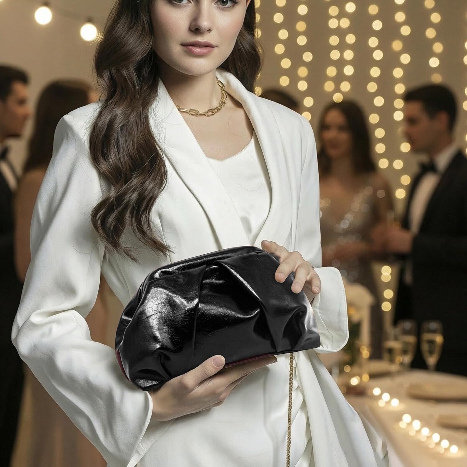 Vegan Leather Dumpling Clutch Purse for Women Ruched Bag Evening Handbag Party Wedding Elegant Handbags - Image 2