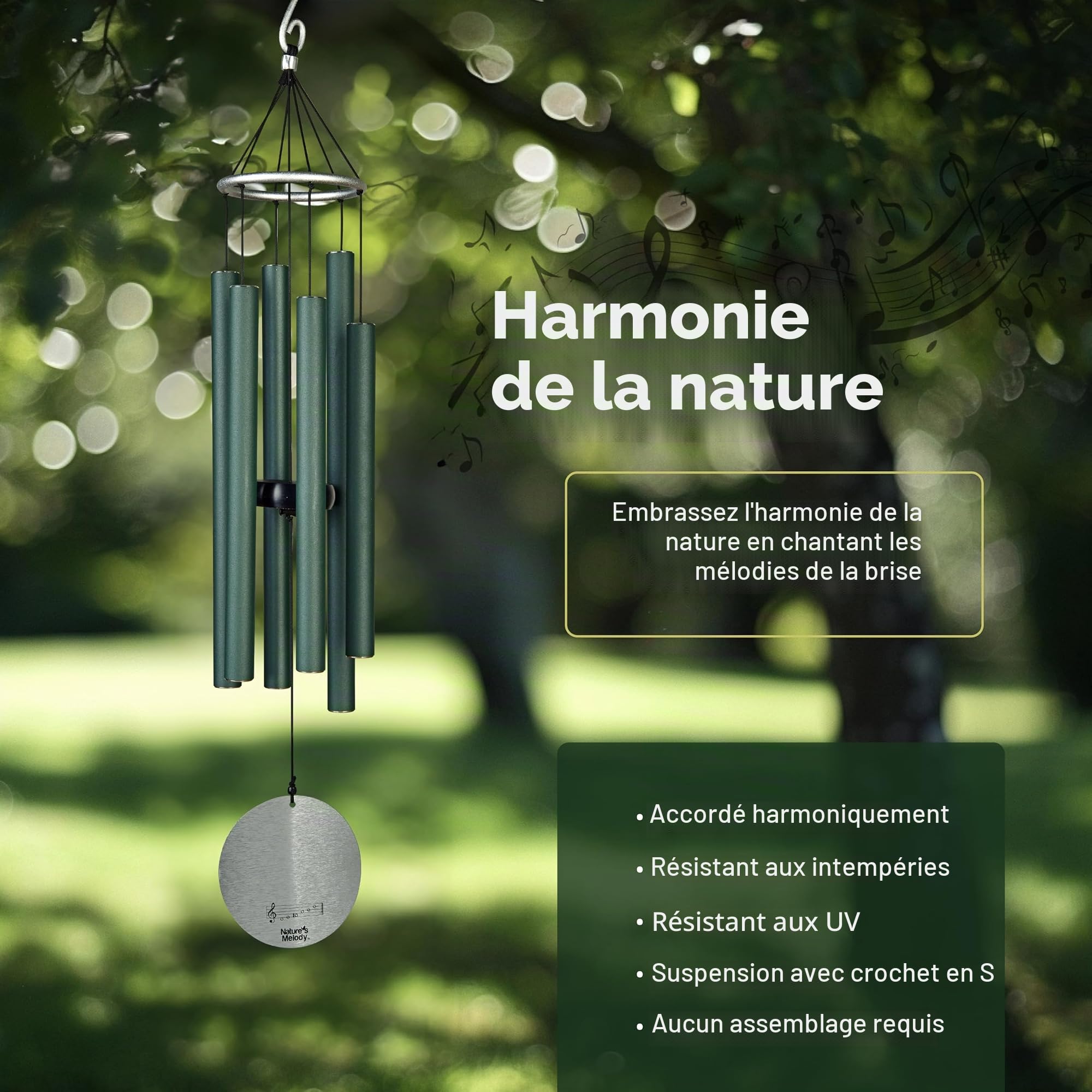Nature's Melody Aureole Tunes Carillon à Vent d'extérieur, 6 Tubes, Gamme pentatonique en Si, Aluminium Inoxydable, Finition poudrée, Crochet en S, pour condoléances, Cadeau commémoratif, Jardin Zen