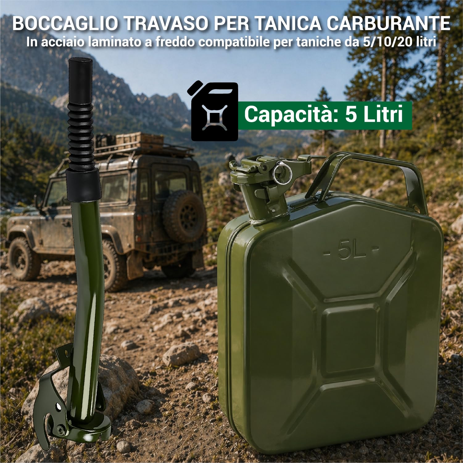 Crisalide® - Bidón de combustible de acero 5 l, 10 l y 20 l con boquilla de transporte, homologado para transporte de gasolina y gasóleo, antioxidante, cierre hermético, bidón de gasolina de metal (5L