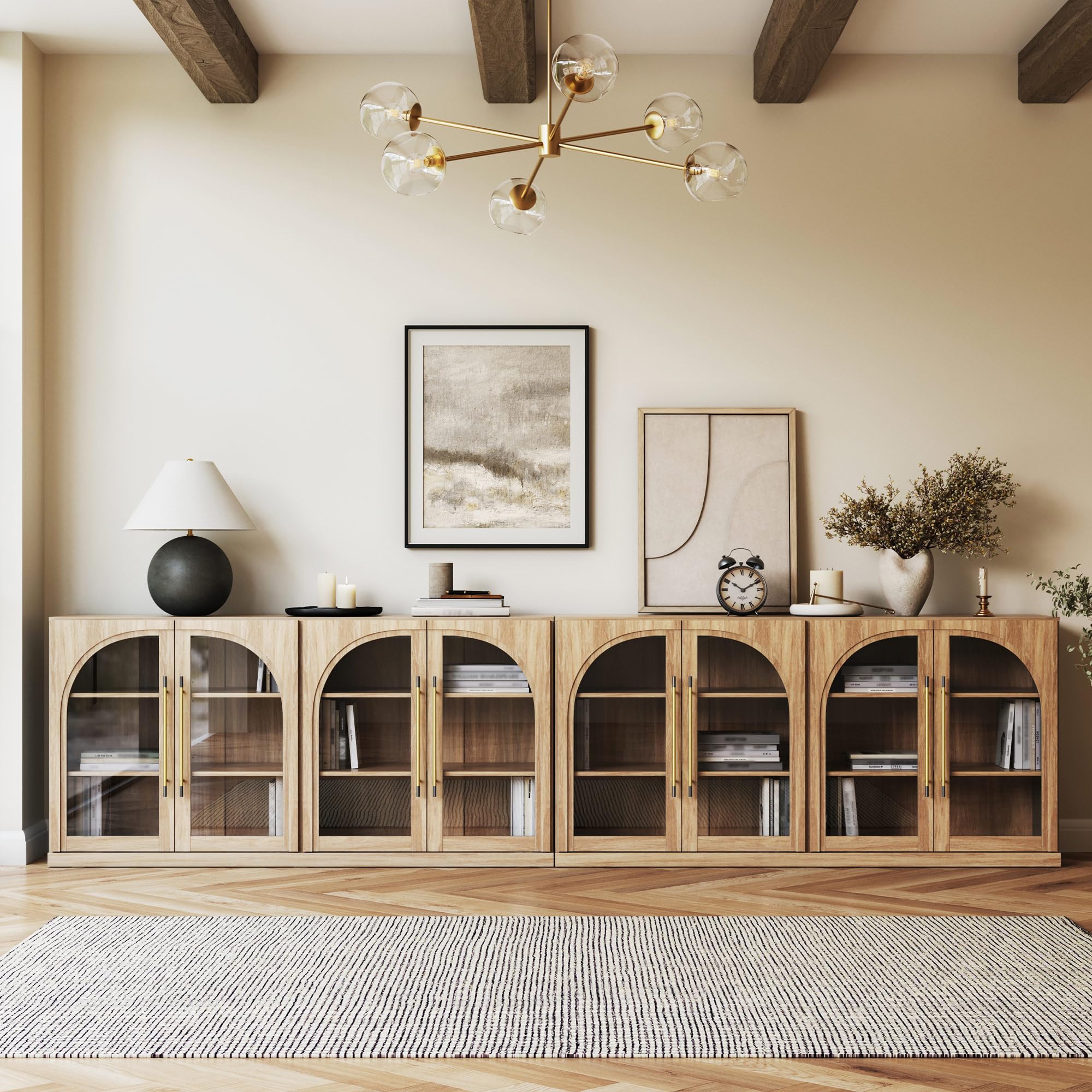 BELLEZE Set of 2 65" Arched Sideboard with Glass Door, Accent Buffet Cabinet with Storage and Adjustable Shelves, Classic Modern Large Console Sideboard for Living Room Kitchen Entryway (Camel)