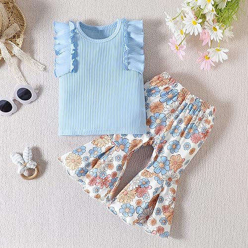 Miniatura 2 de AIKEIDY Ropa de verano para niña pequeña, con volantes, sin mangas, camiseta sin mangas, floral, pantalones acampanados, 2 piezas
