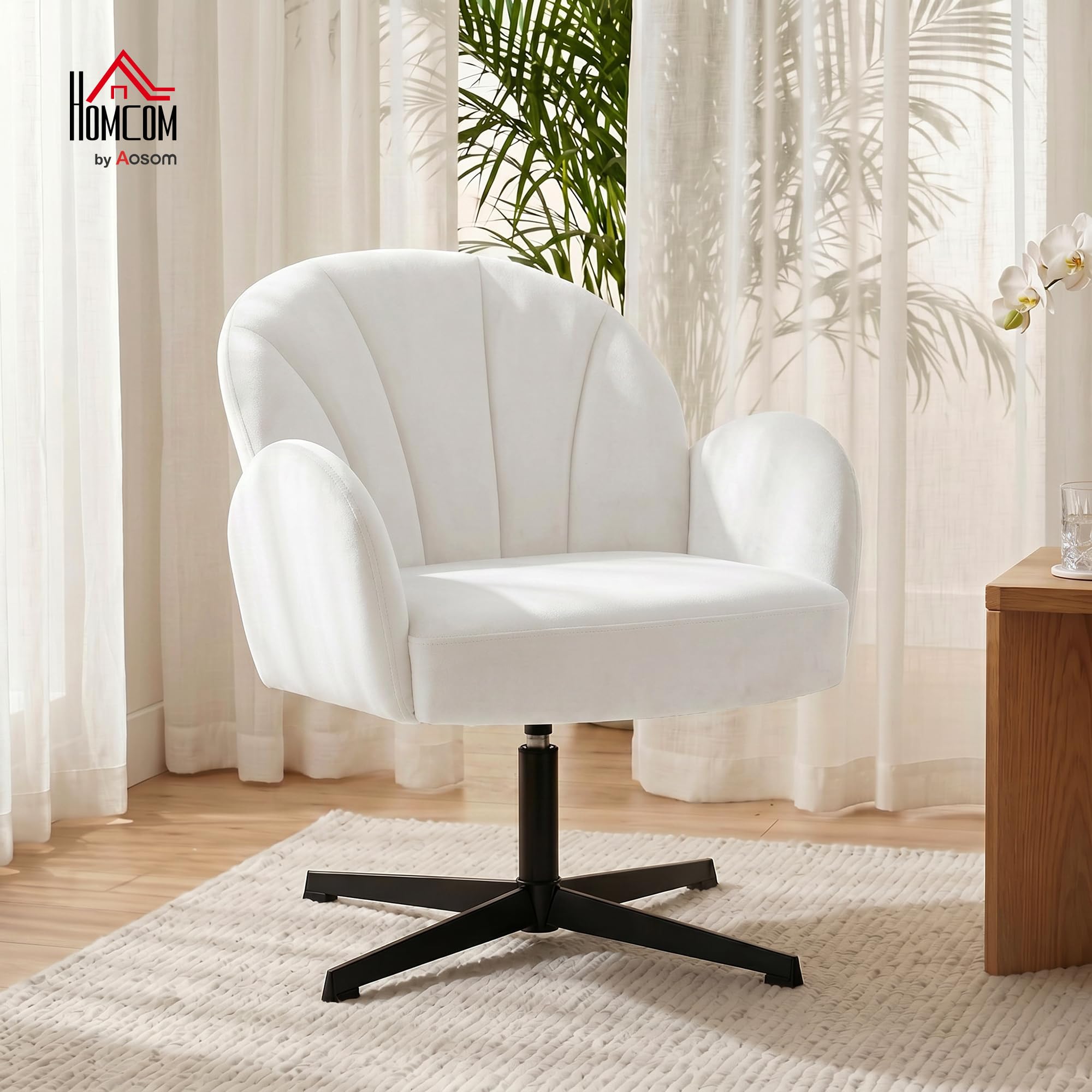 HOMCOM Sillón de Salón Giratorio, Butaca Tapizada en Terciopelo, Crema | Respaldo en Forma de Concha, Cojín con Resortes, Base Cruzada, Sillón de Relax para Dormitorio, Oficina, Estudio