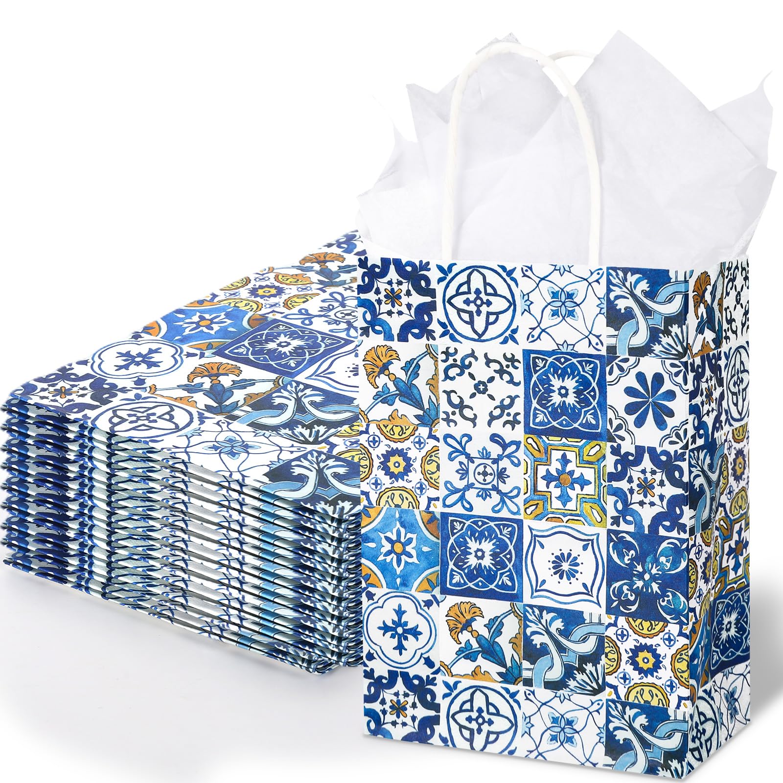 JarThenaAMCS Papiertüten mit Seidenpapier, Vintage-Stil, mediterran, Geschenktüten mit Griff, für Babyparty, Hochzeit, Party, Gastgeschenk, 24 Stück