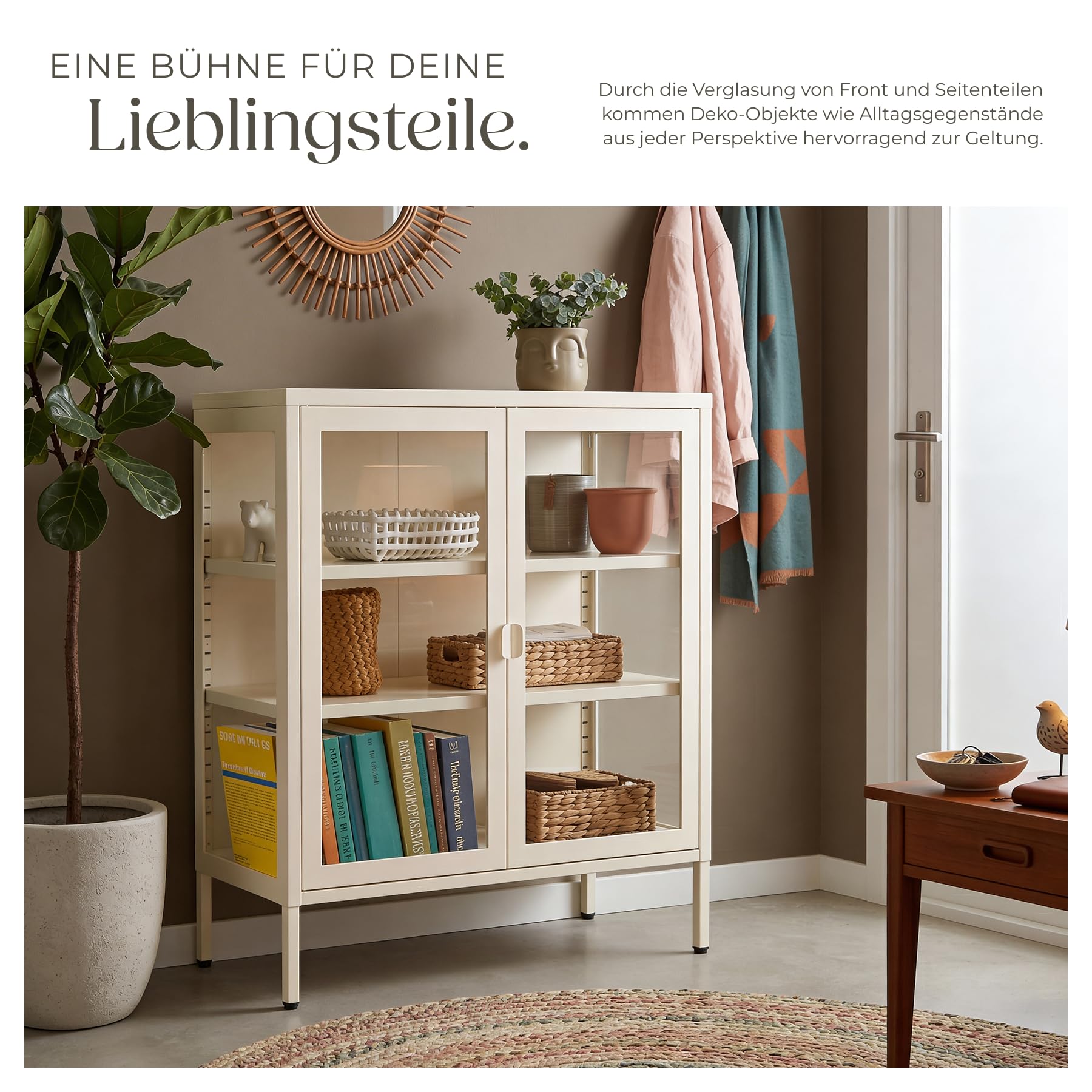 tectake® Metallvitrine 80x37x90,5 cm, Magnetverschluss, verstellbare Zwischenböden, Kippschutz, verglaste Front, Metall-Ausstellungsvitrine, Metall-Glasvitrine, Metallschrank, Displayvitrine - Creme