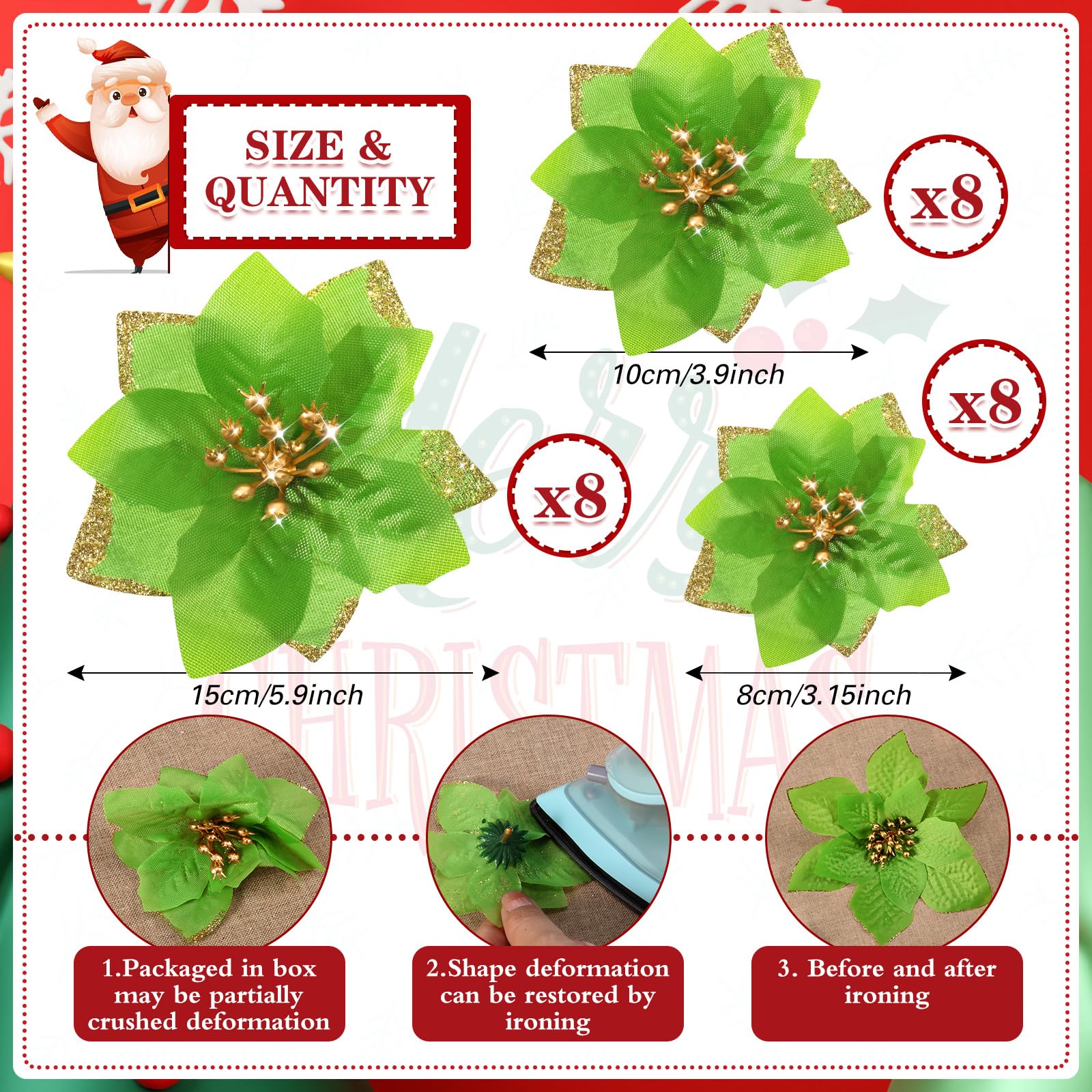 WILLBOND 24 Pieces 3 Size Christmas Glitter Poinsettia Flowers Wedding Faux Flowers Christmas Decoration Ornaments For Christmas tree New Year Home Outdoor Decoration (Green,3.2/4/6 Inches) - Image 2