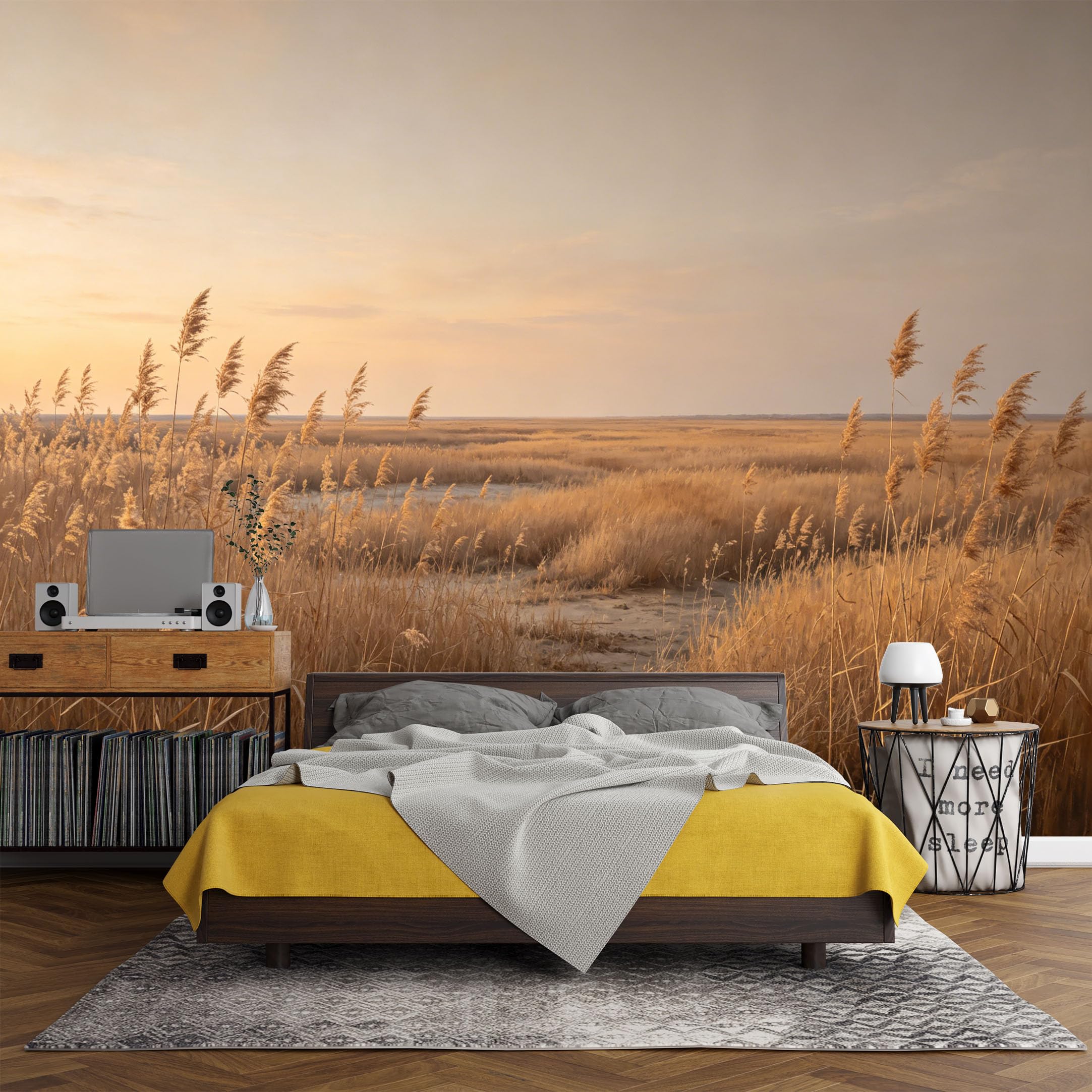 Custom Size Wall Mural， Landscape Golden Reed Sunset Meadow Minimalist Nature Scene，SelfAdhesive Art Prints wall Fabric (No PVC) Removable Wallpaper Living Room Decor