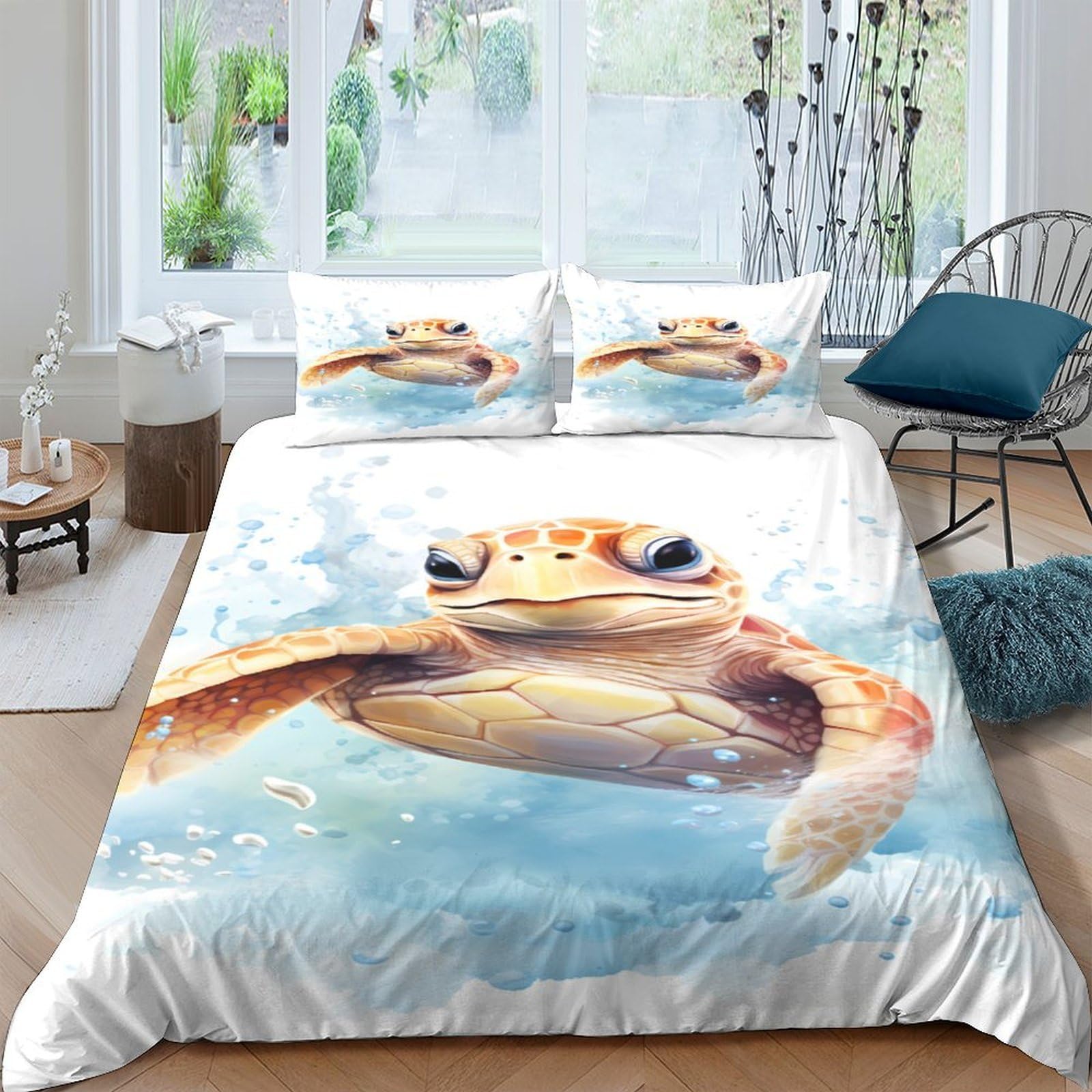 GPLZQXKJNH 3D Printed Sea Turtle Duvet Cover Microfiber Soft Ocean Animal Bedding Set with 2 Pillowcases for Bedroom Decor Single（135x200cm）