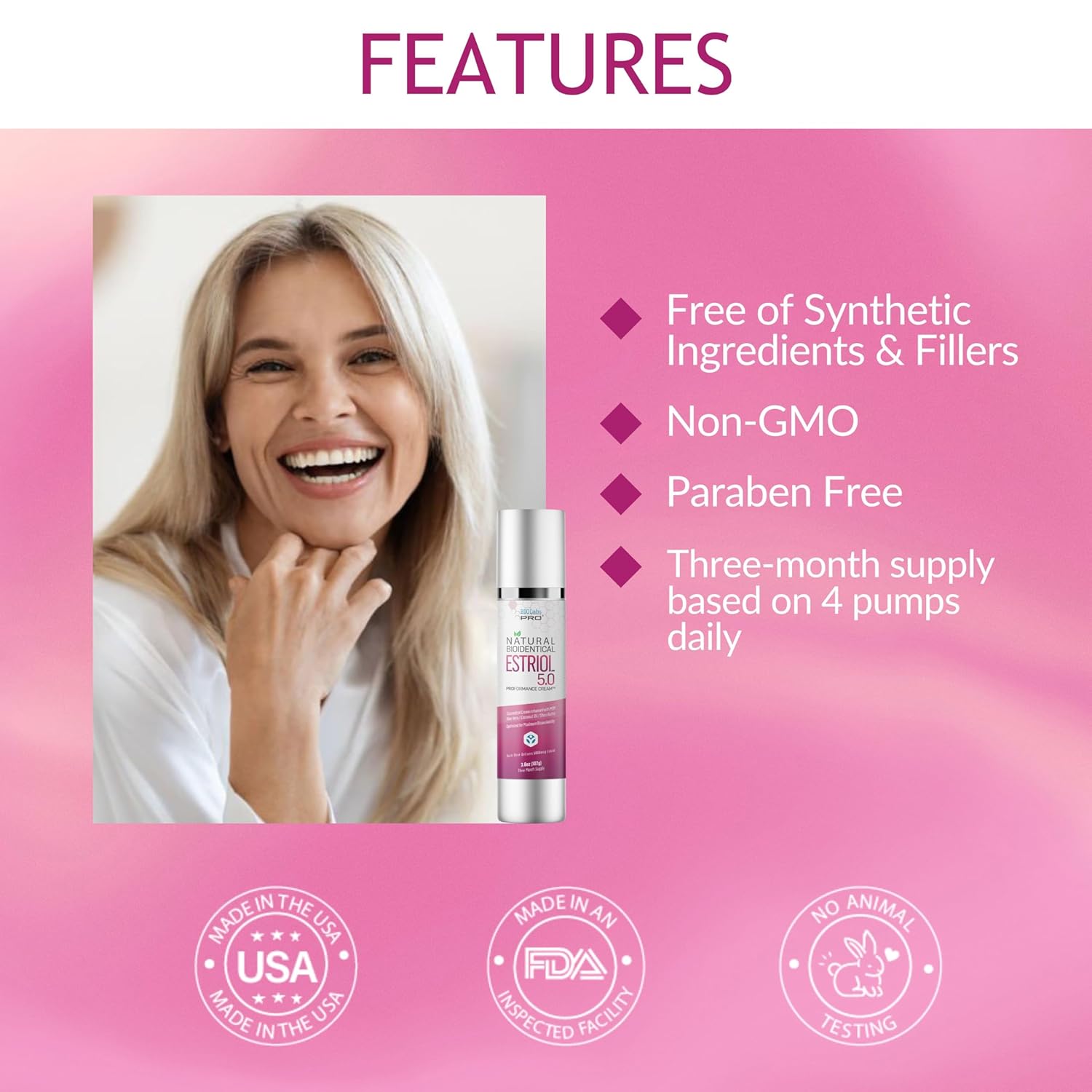 UltraSpa Skincare BIOLabs PRO Natural Bioidentical Estriol Beauty Cosmetic Cream For Women, Three Month Supply (3.6 oz)