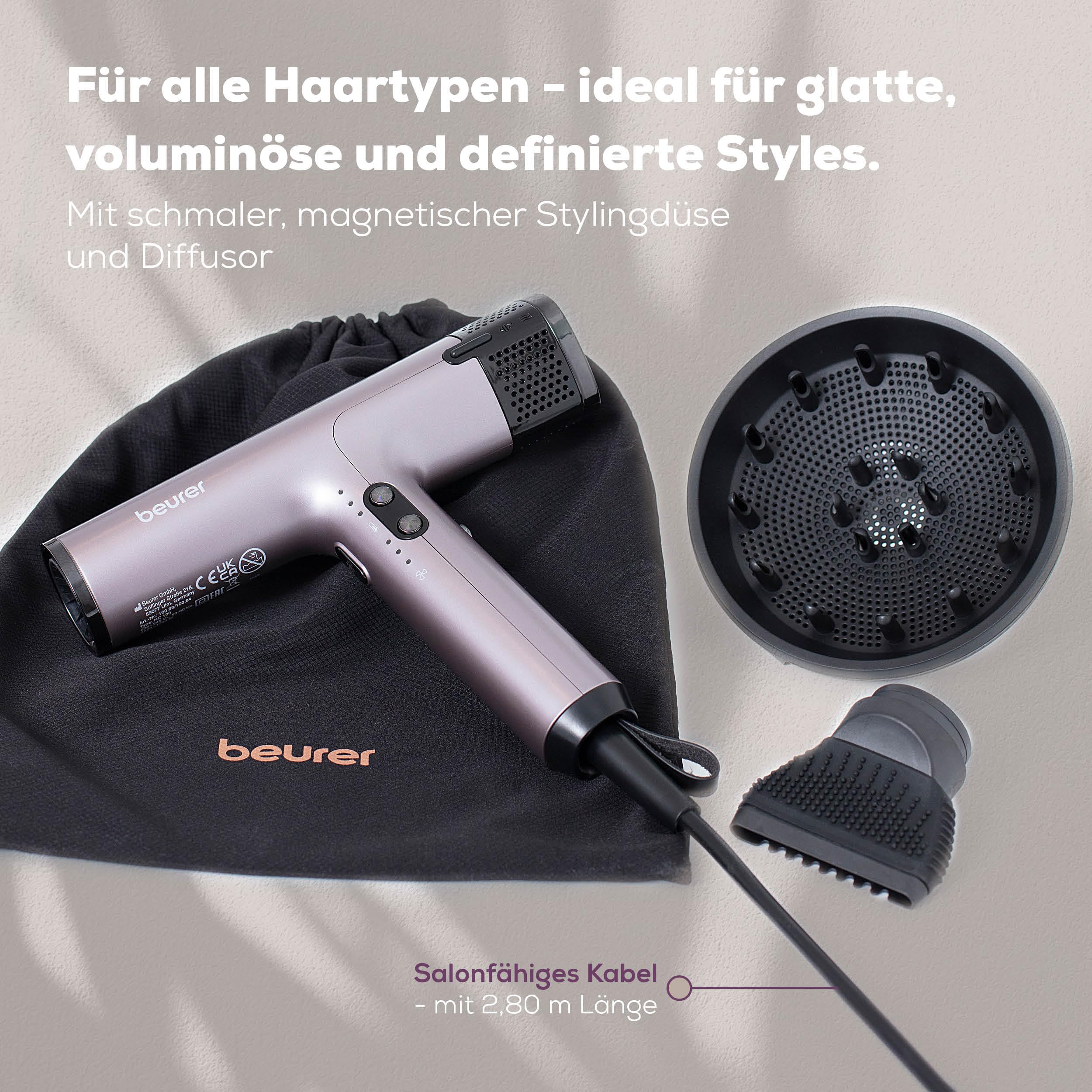Beurer HC 100 Excellence Haartrockner, Föhn mit kraftvollem Digitalmotor, trocknet bis zu 20% schneller, leichtes Gewicht, besonders leise, Ionenfunktion für glänzendes Haar, inkl. Volumendiffusor