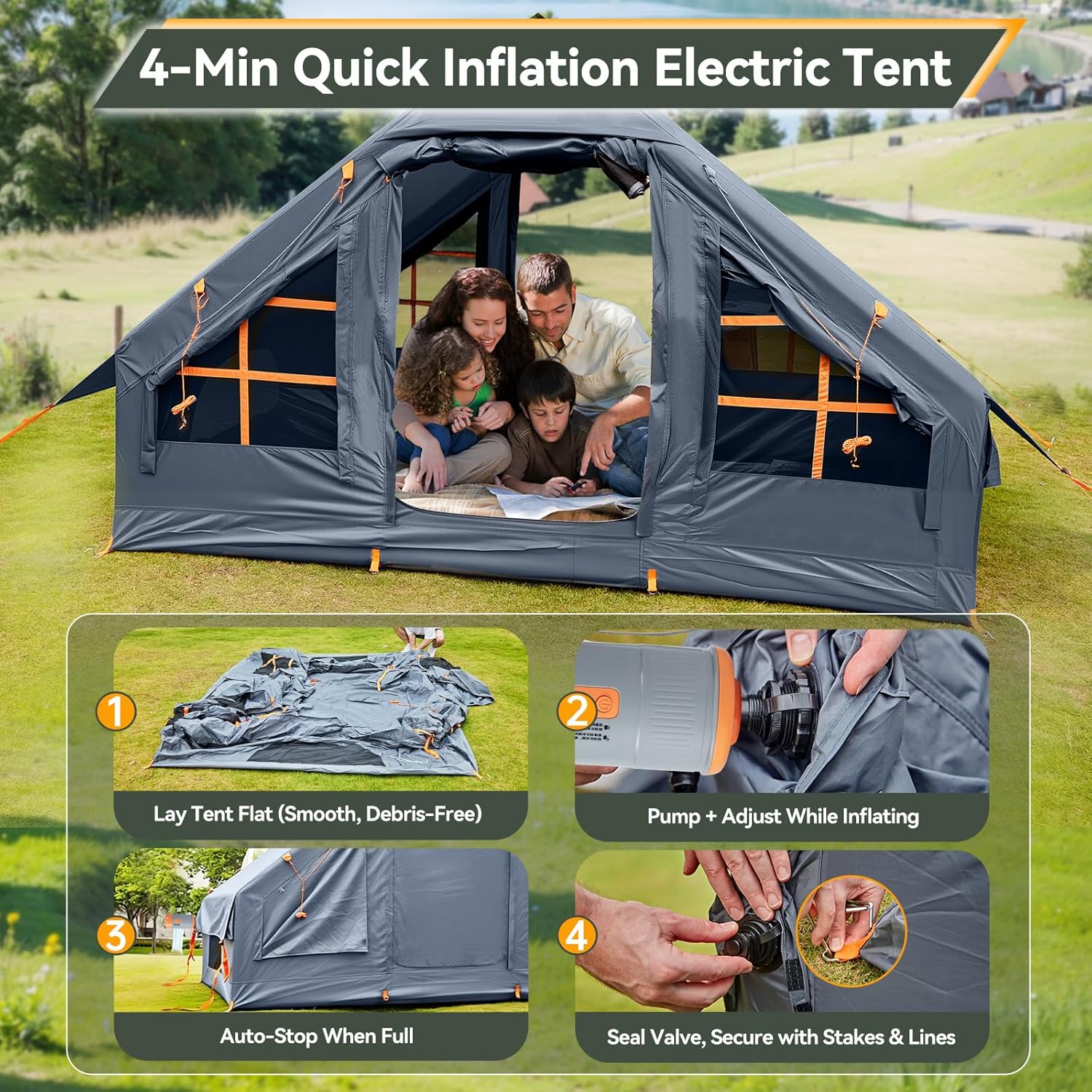 Inflatable Camping Tent,Easy Set up with Electric Air Pump, Waterproof Blow Up Tent for Adults, Portable Outdoor for Camping&Hiking