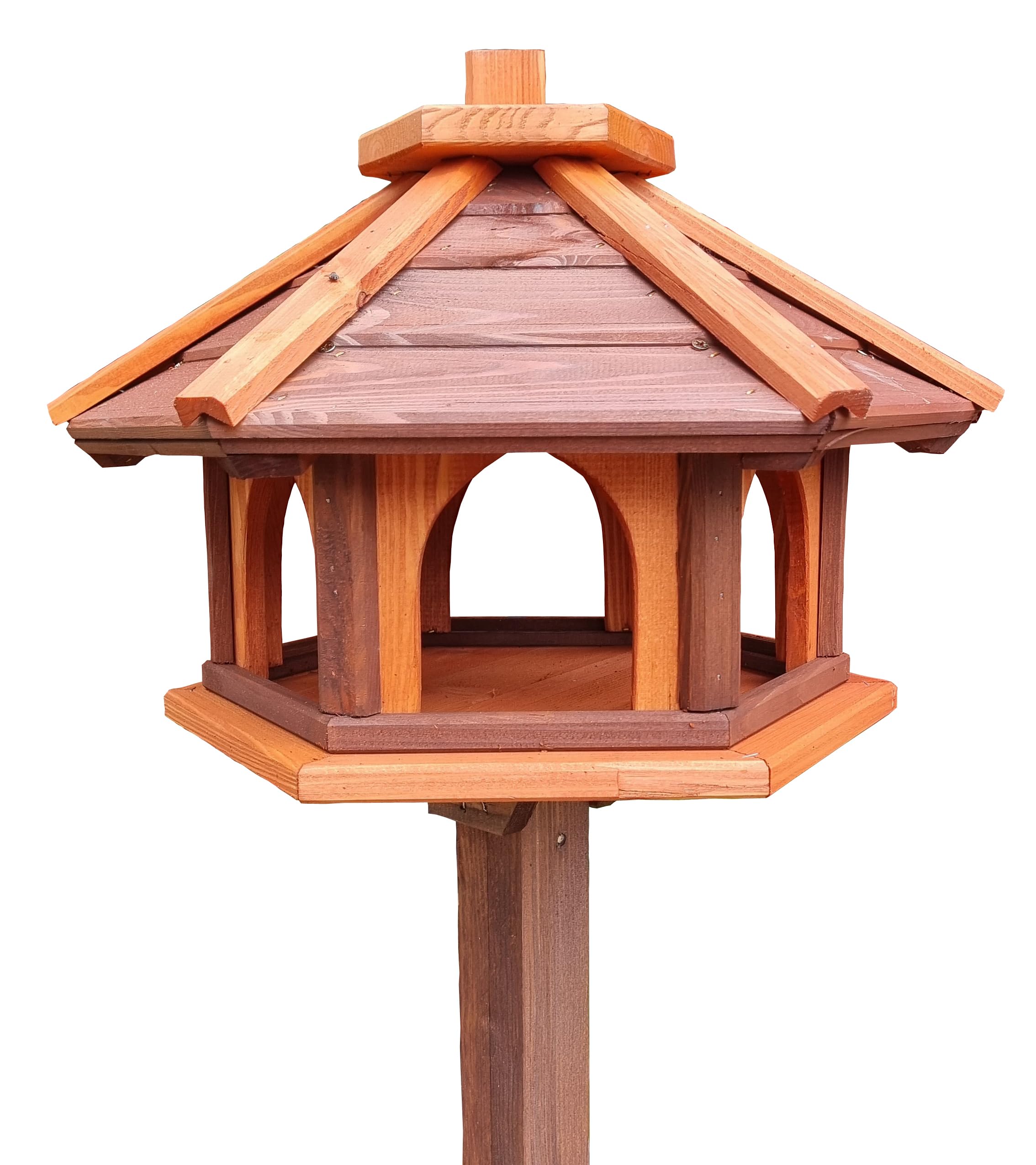 Vogelhaus mit Stander aus Holz, wetterfest, vogelfutterhaus, Futterhaus, Futterstation für Wildvögel, Vogelfutterhaus zum Stellen für den Garten, Balkon (Braun+Rot)