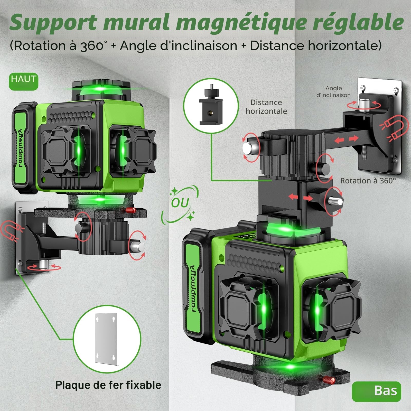 Niveau Laser avec Trepied 4 x 360°, 4D 16 Lignes Laser Chantier avec 2 x 4800mAh Batterie & Affichage LED, Niveau Laser 360 Autonivelant, APP, Télécommande, IP54 Étanche et Anti-Poussière